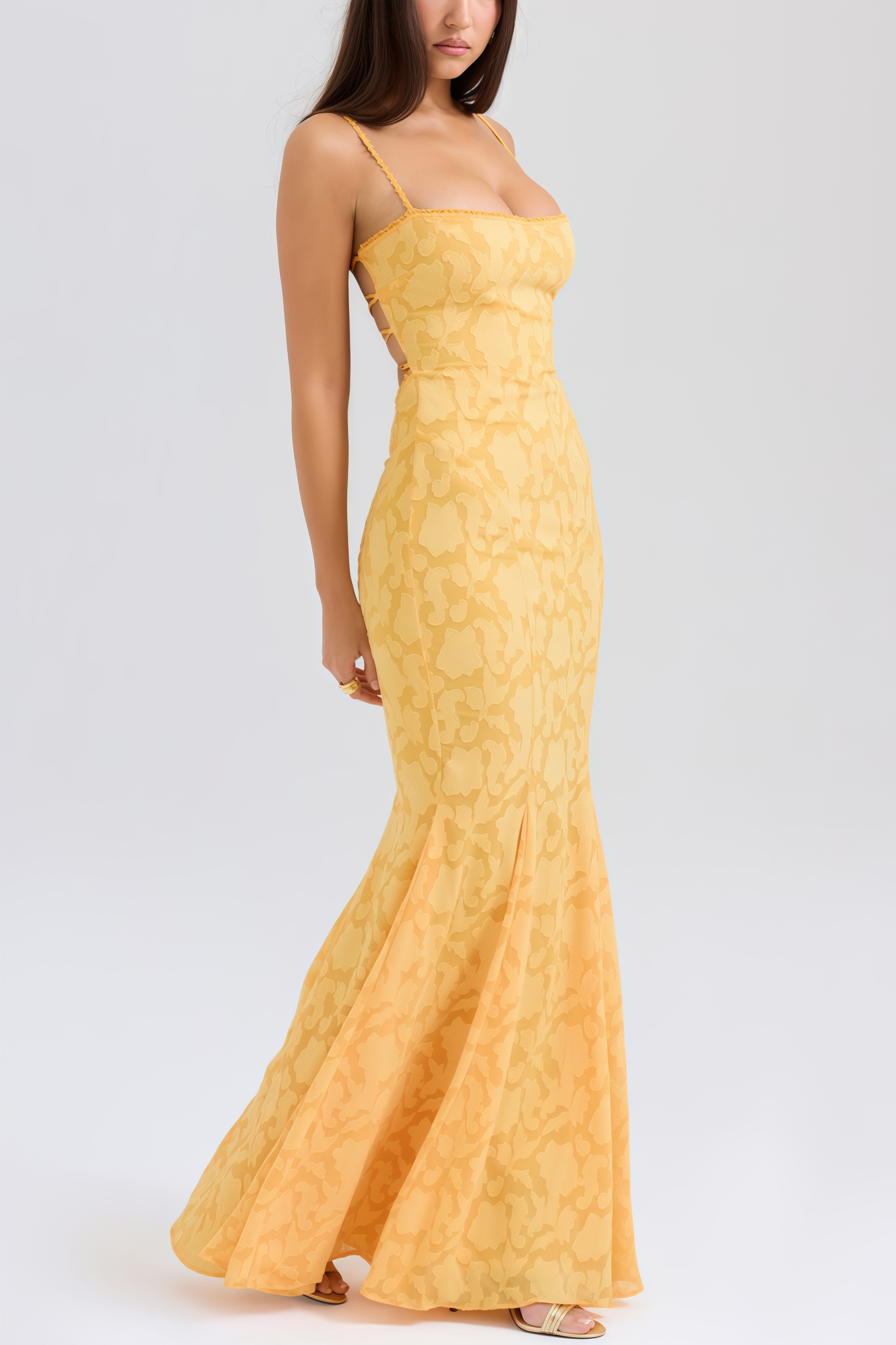 Xyvan Yellow Lace Up Back Maxi Dress