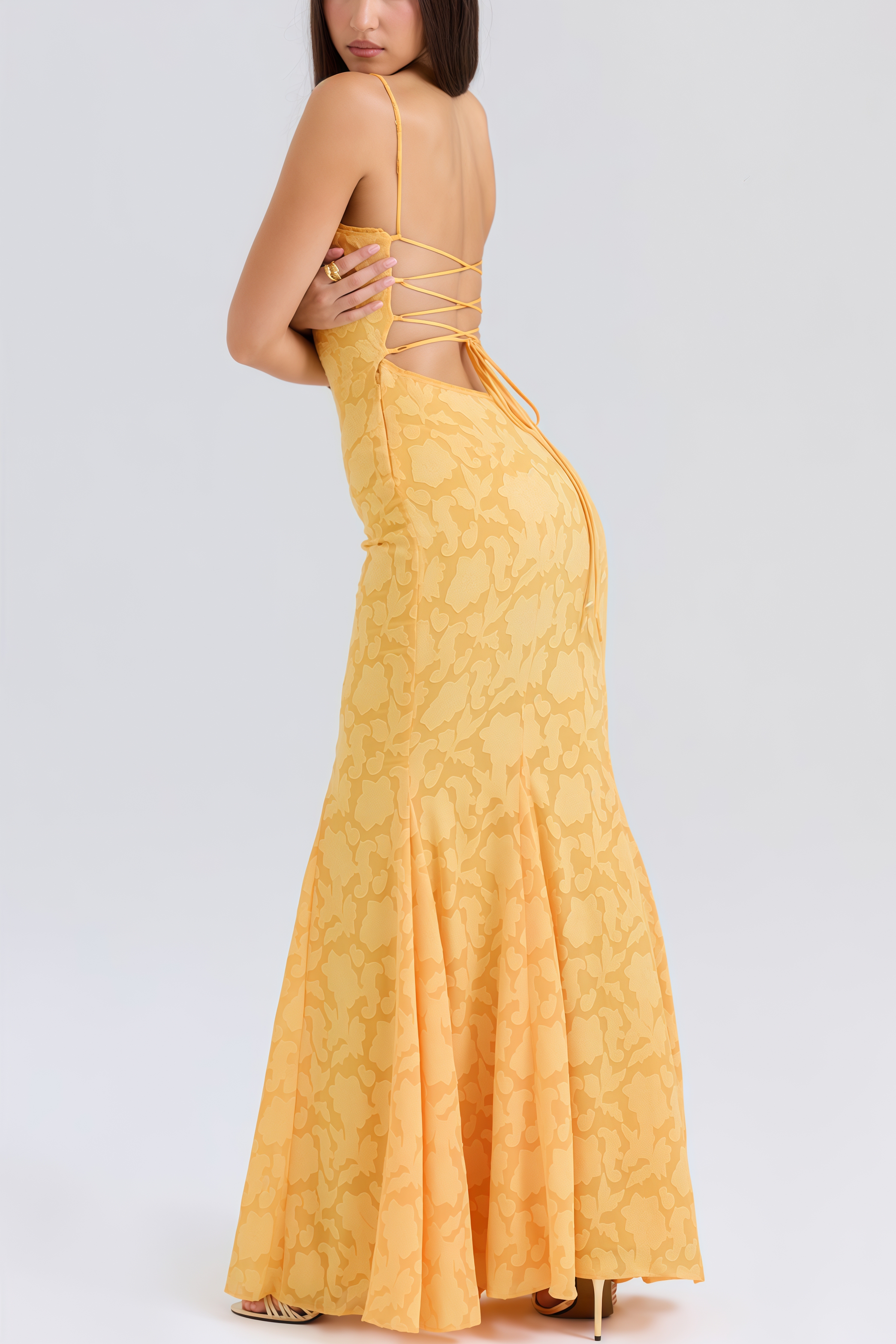 Xyvan Yellow Lace Up Back Maxi Dress