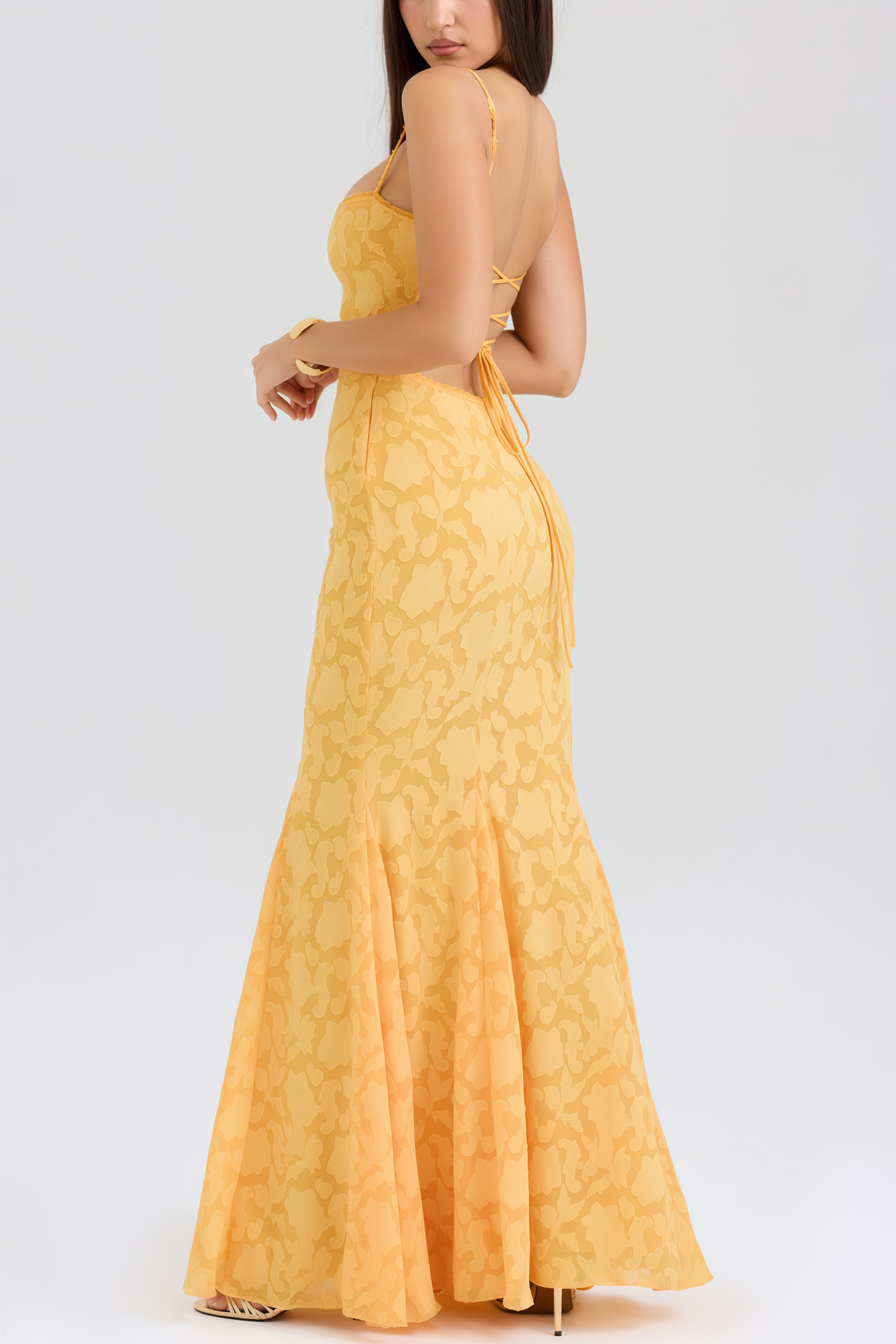 Xyvan Yellow Lace Up Back Maxi Dress