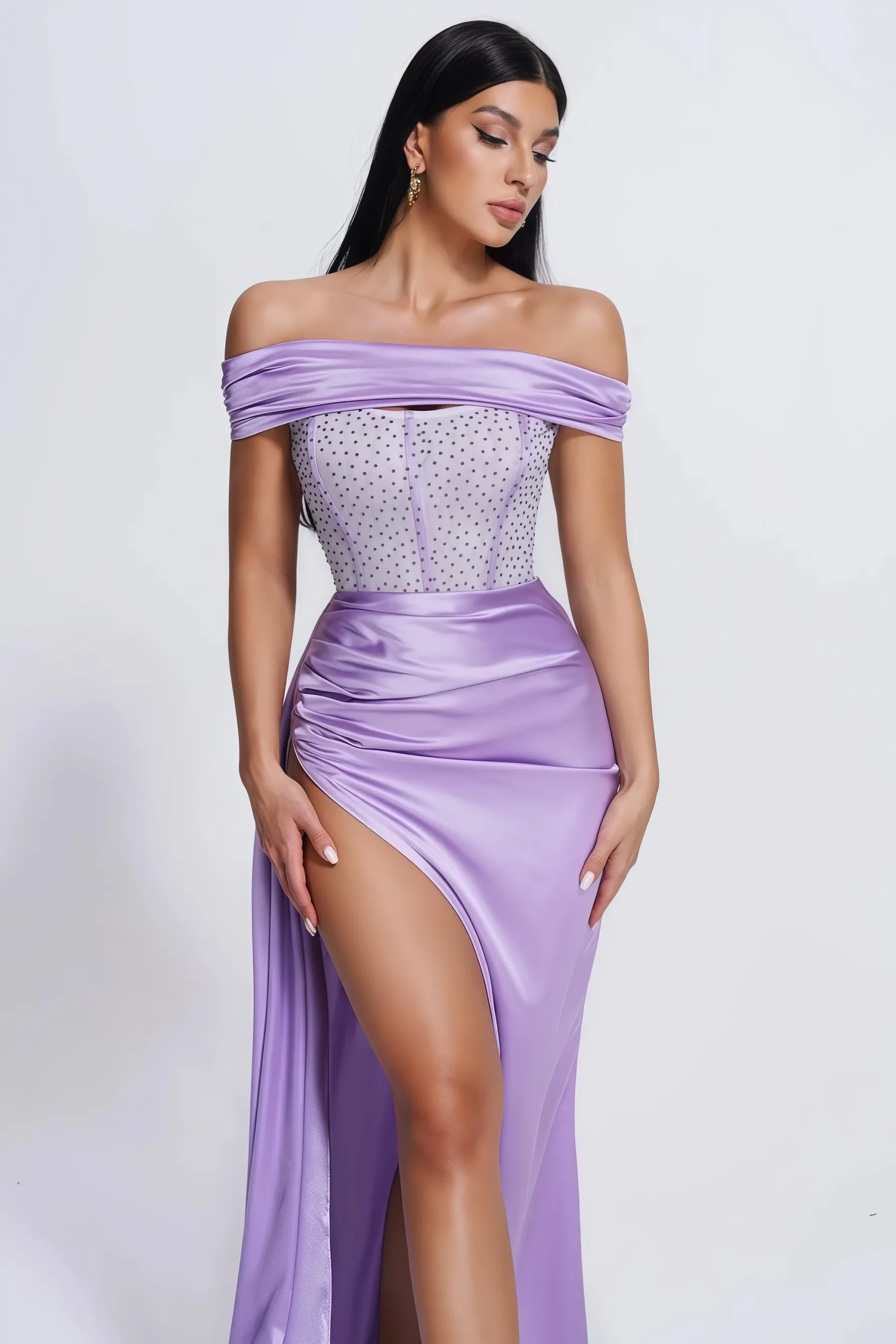 Qearl Mesh Corset Satin Maxi Dress