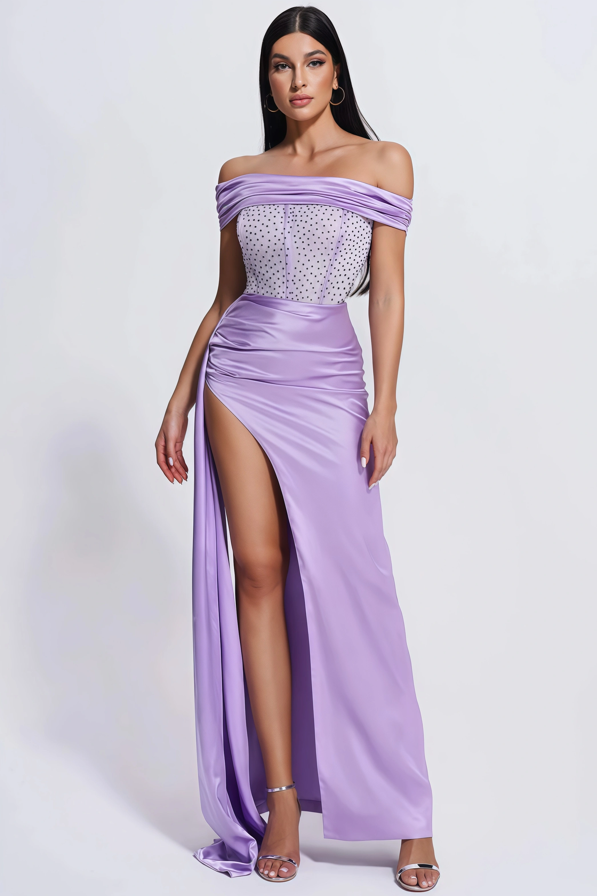 Qearl Mesh Corset Satin Maxi Dress