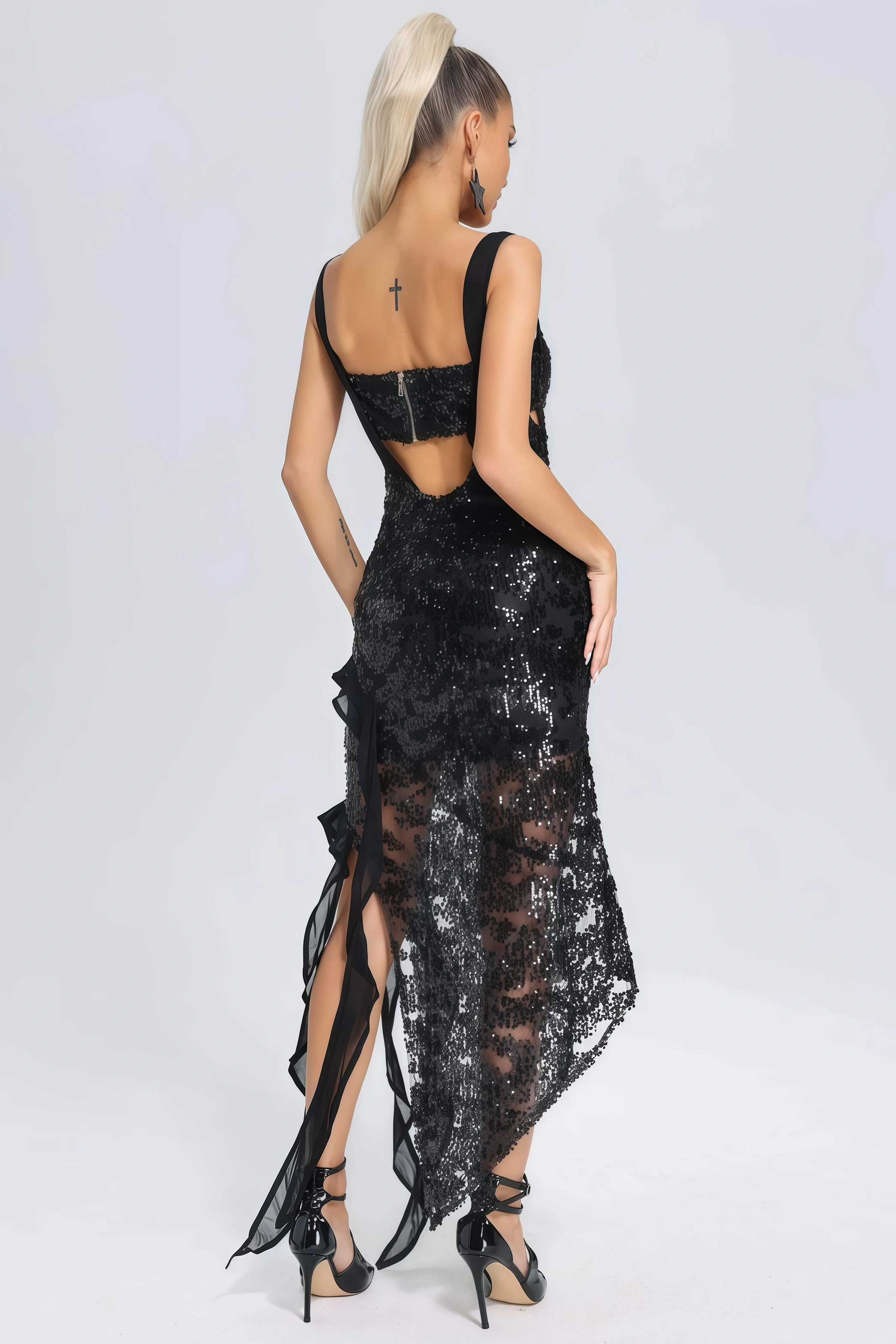 Iris Ruffle Sequin Mesh Midi Dress