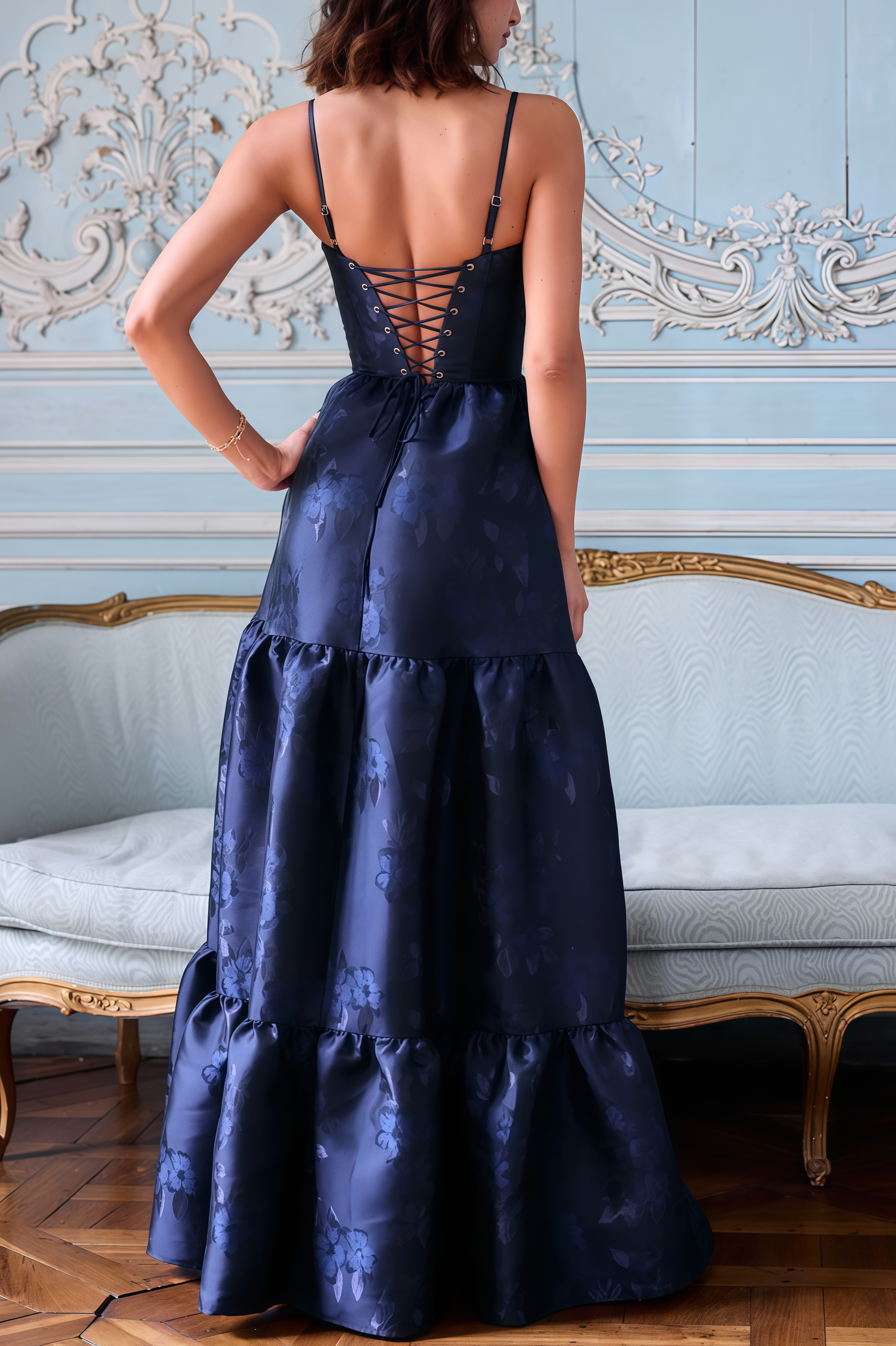 Harryv Blue Mesh Jacquard Maxi Dress