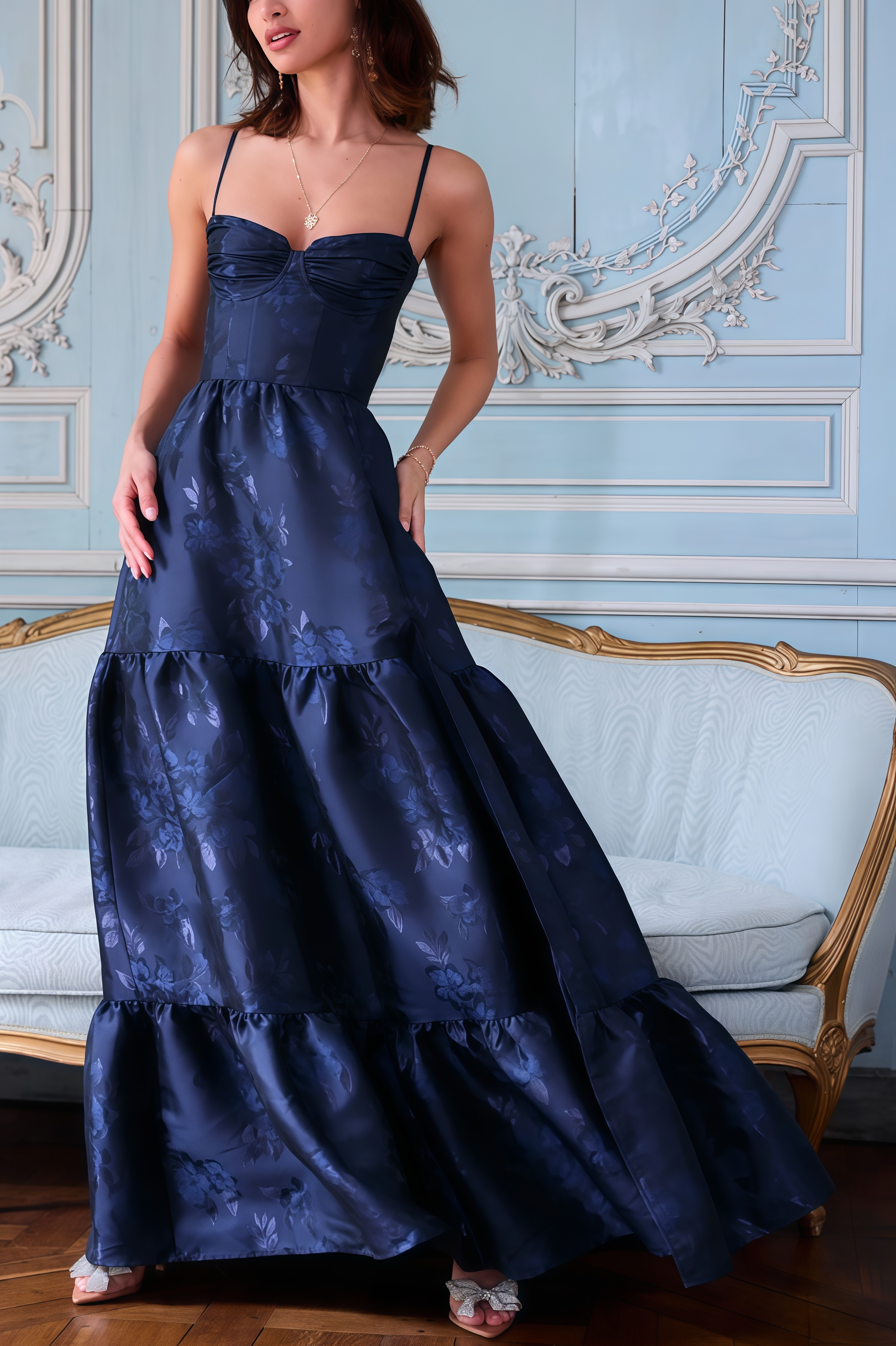 Harryv Blue Mesh Jacquard Maxi Dress
