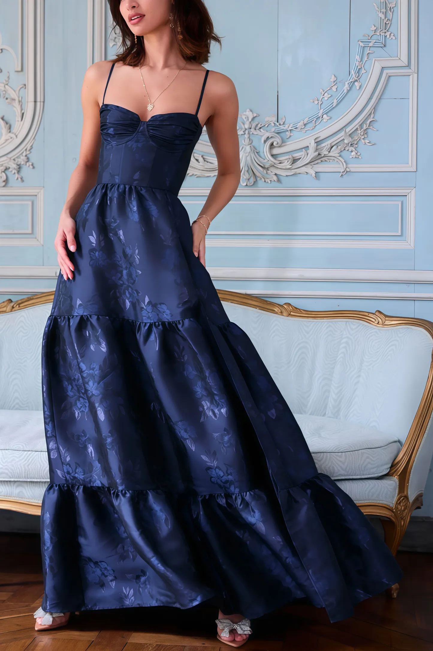 Harryv Blue Mesh Jacquard Maxi Dress