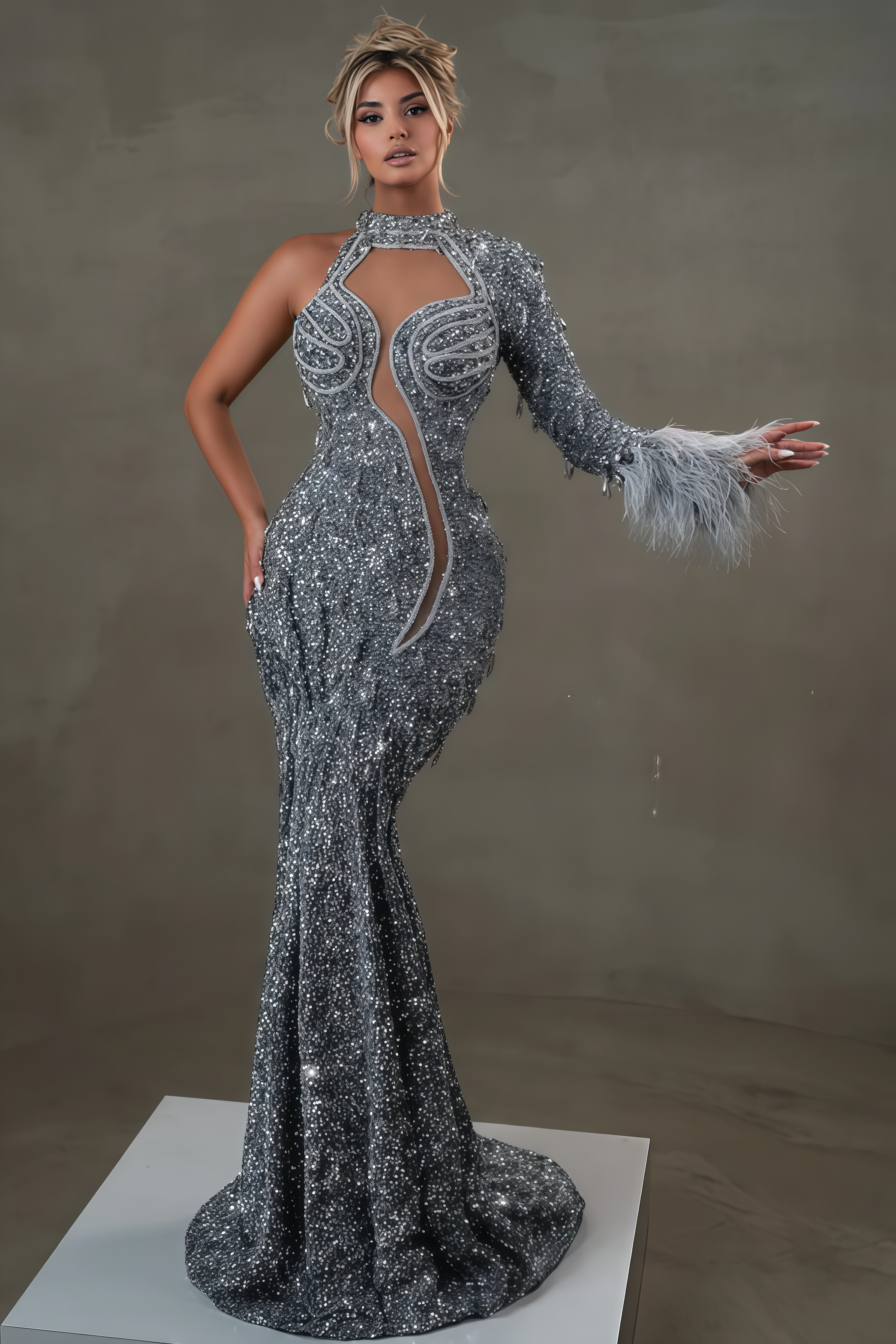 Clove Feather Rhinestone Sequin Maxi Dress