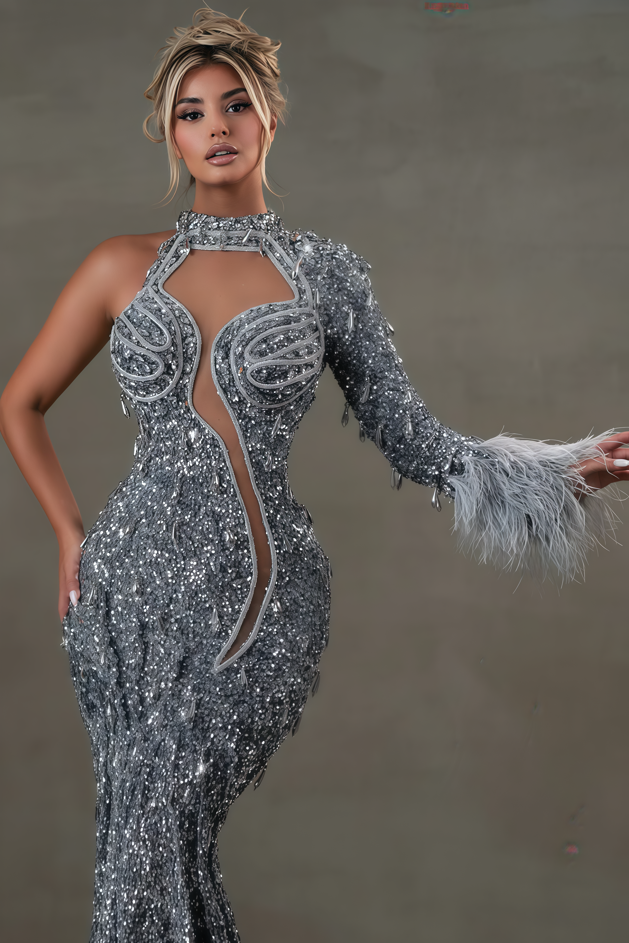 Clove Feather Rhinestone Sequin Maxi Dress