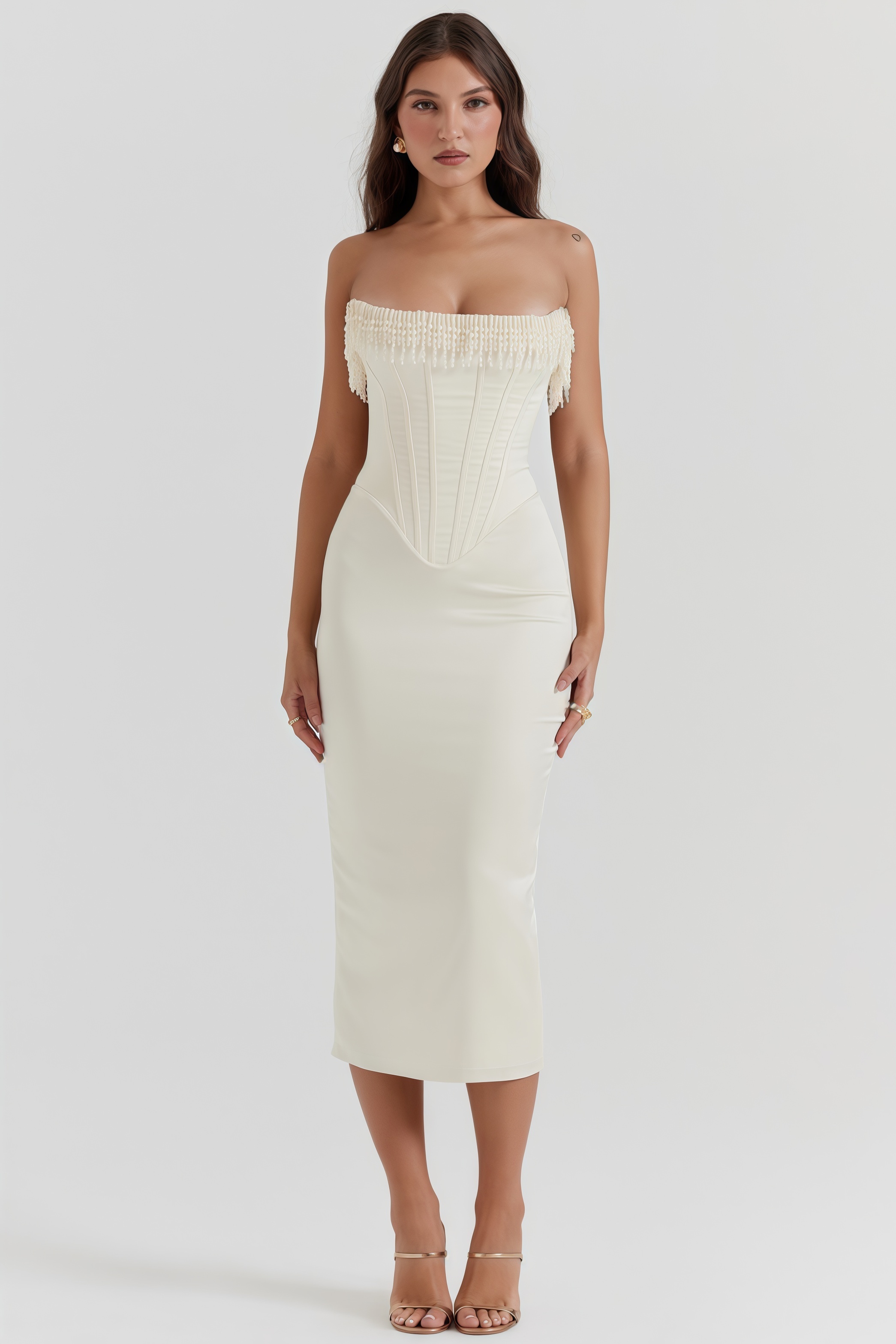 Nikki Cream Embellished Strapless Midi Dress