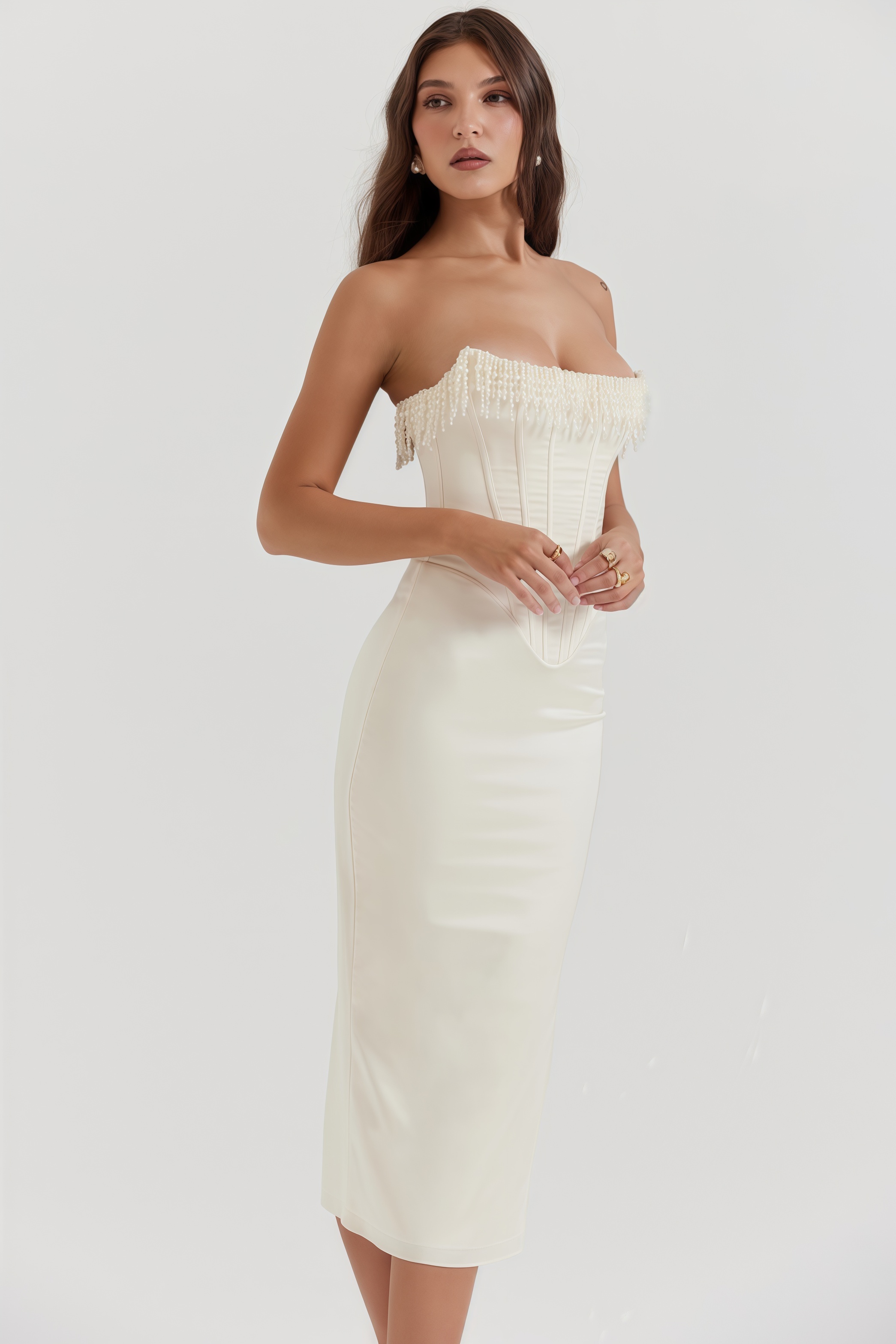Nikki Cream Embellished Strapless Midi Dress