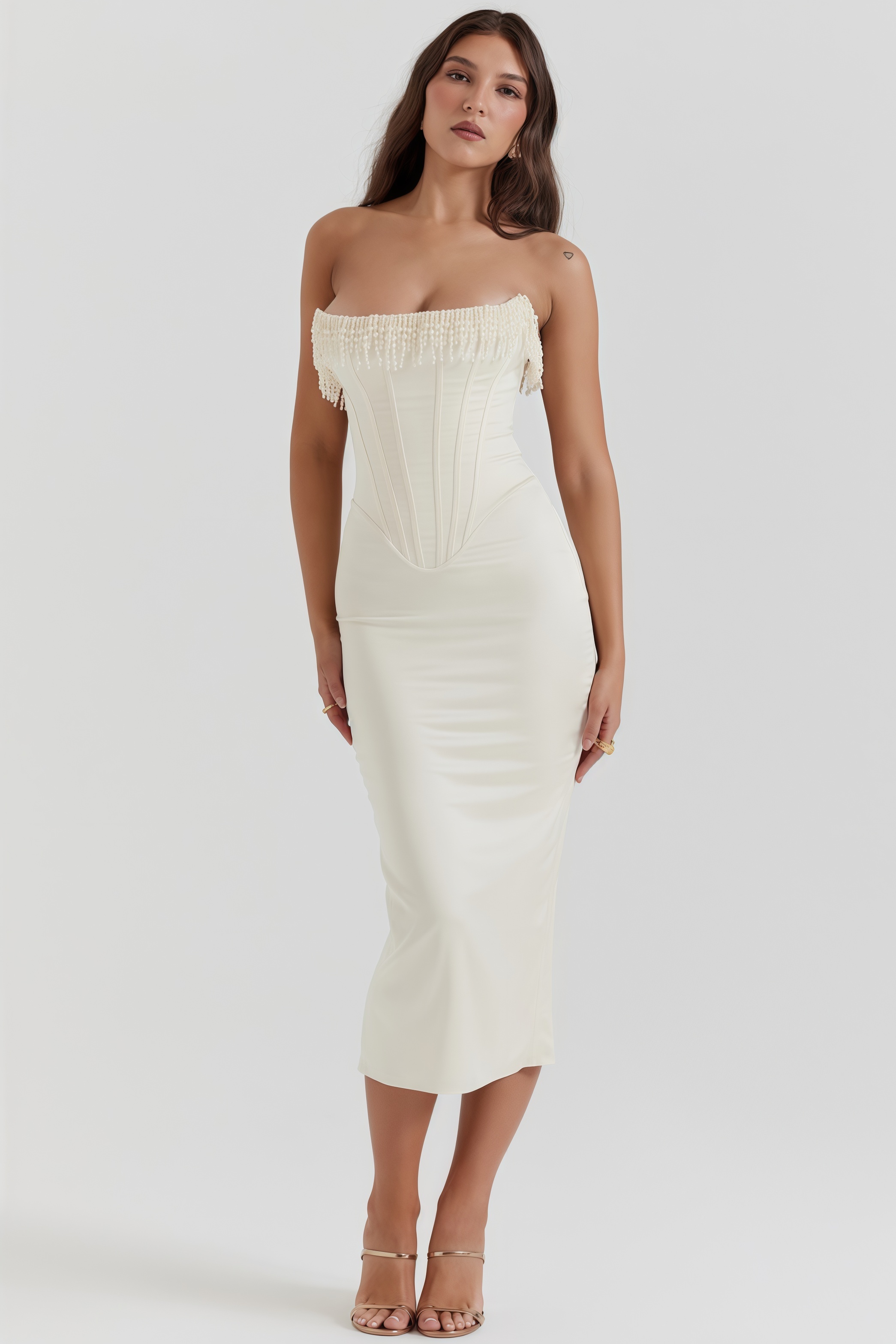 Nikki Cream Embellished Strapless Midi Dress