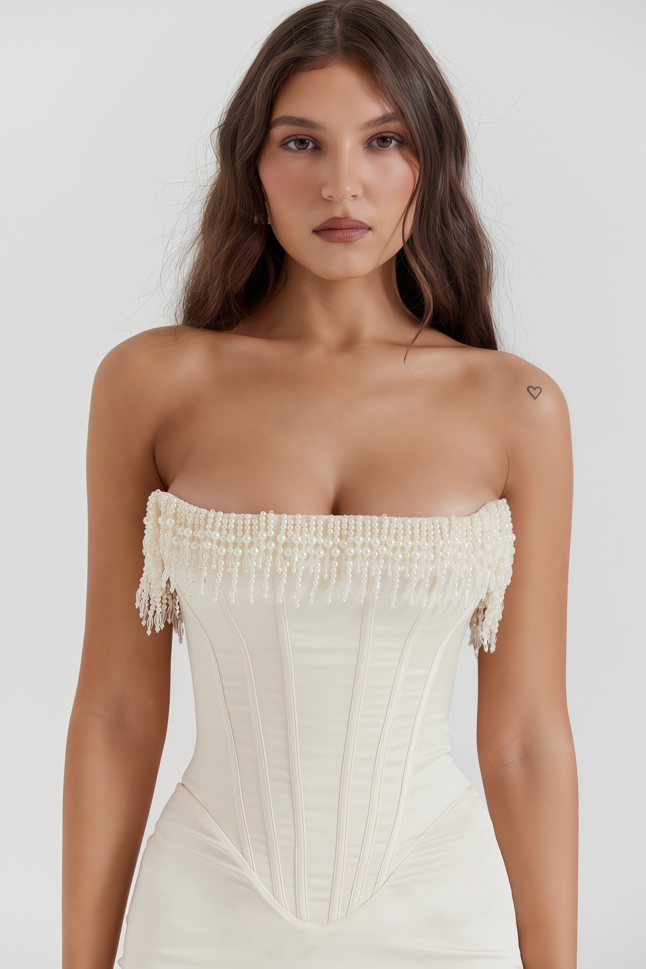 Nikki Cream Embellished Strapless Midi Dress