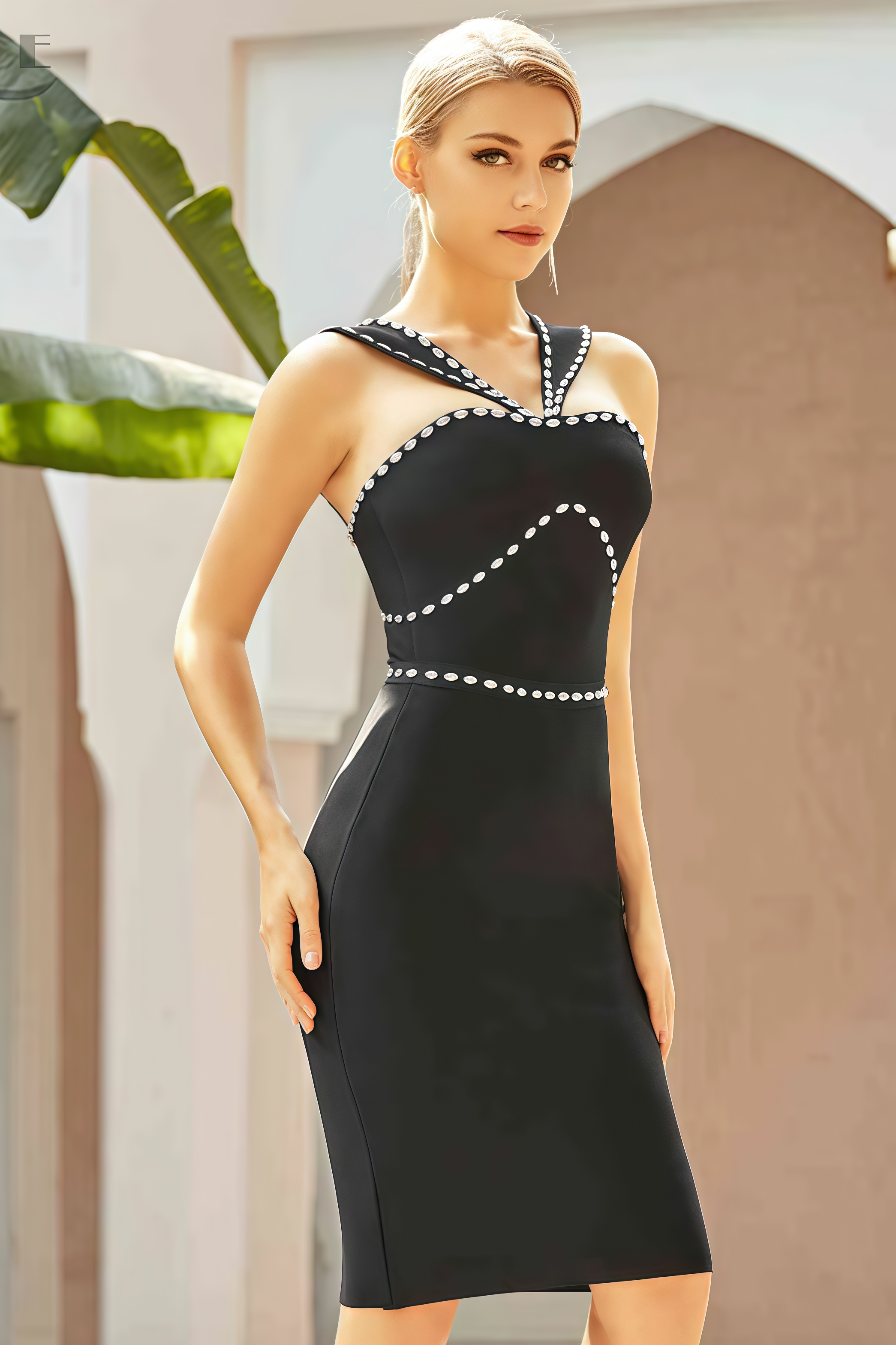 Kian Black Hanging Neck Bandage Midi Dress