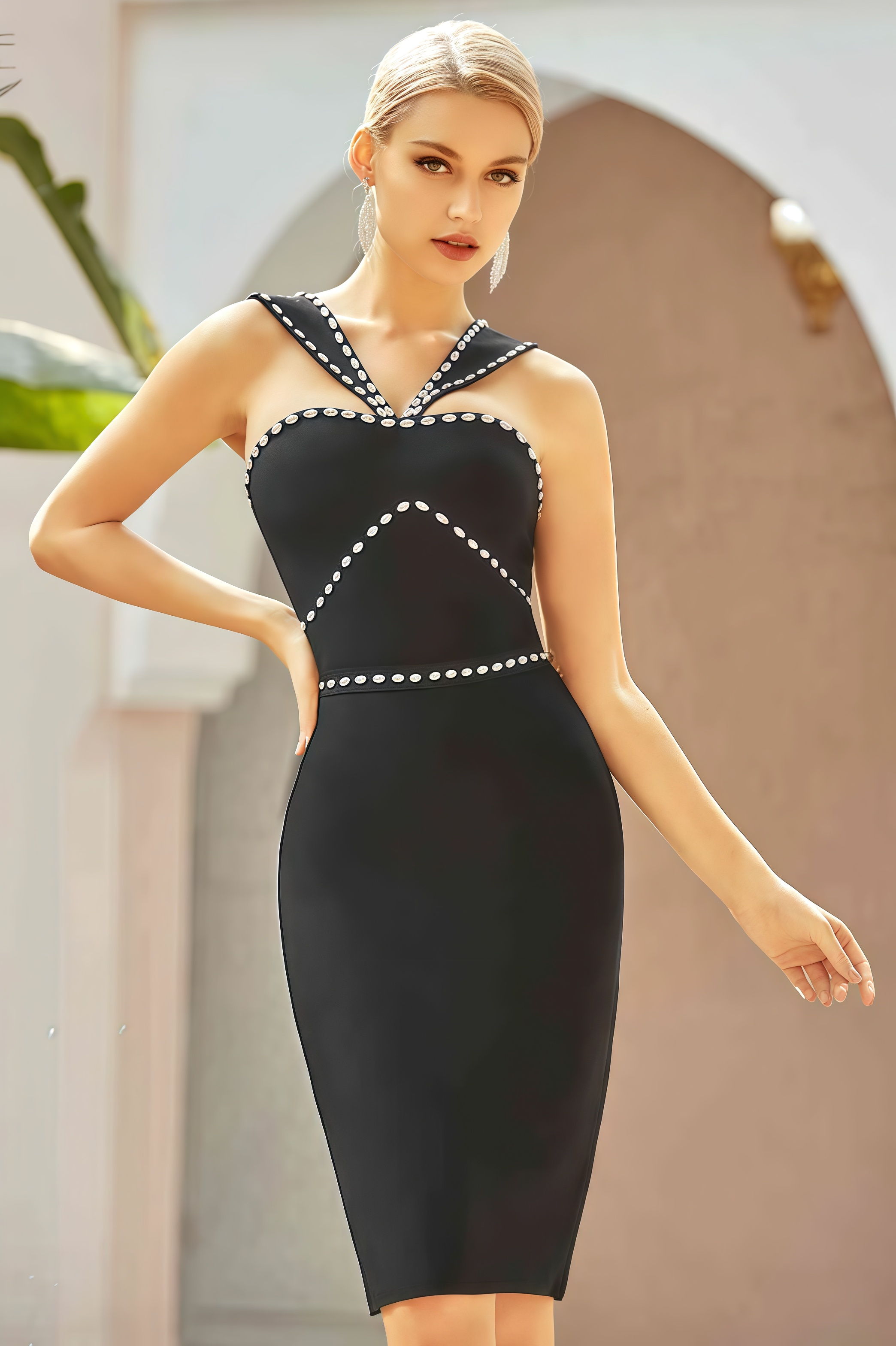 Kian Black Hanging Neck Bandage Midi Dress