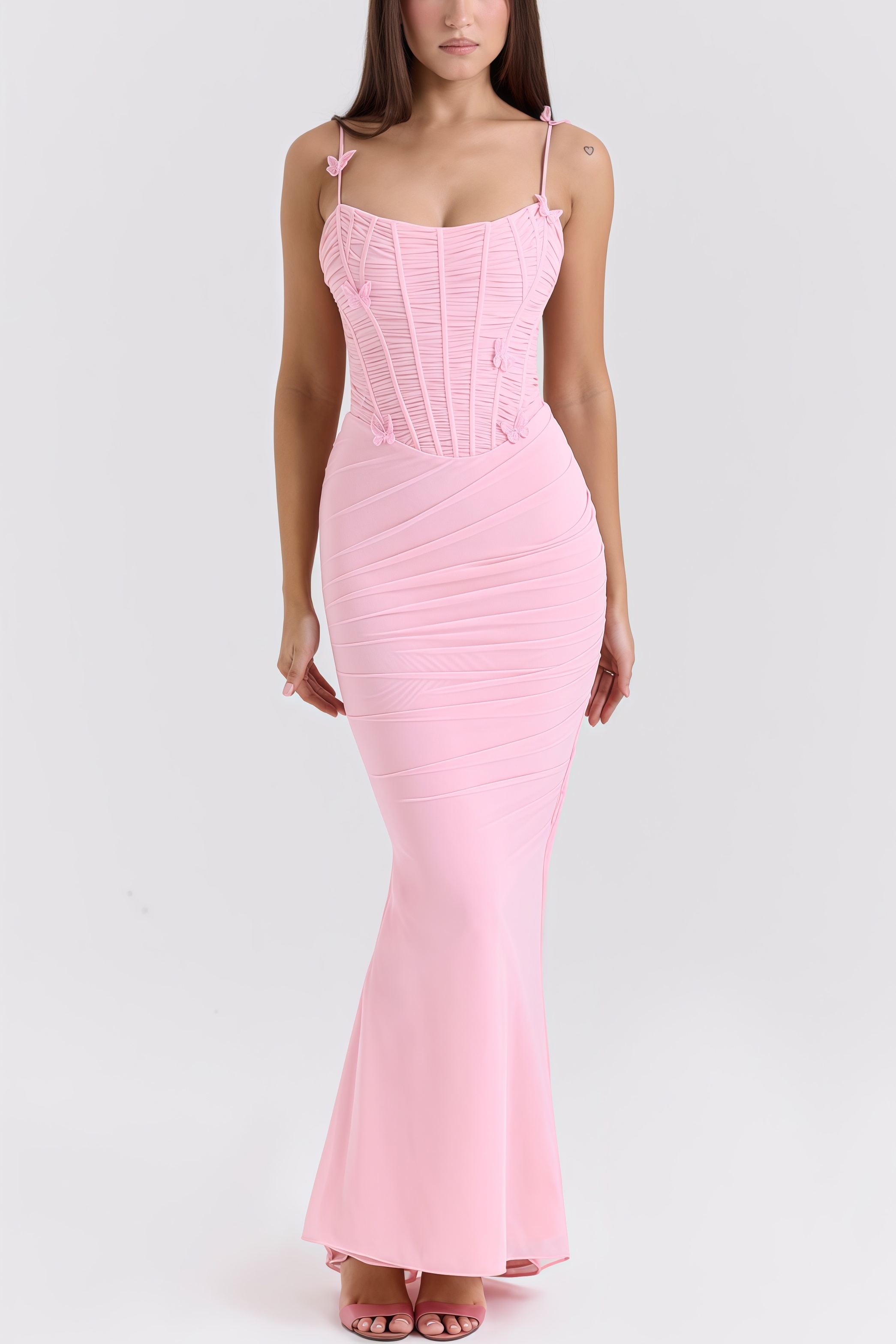 Ursin Pink Stretch Mesh Butterfly Maxi Dress