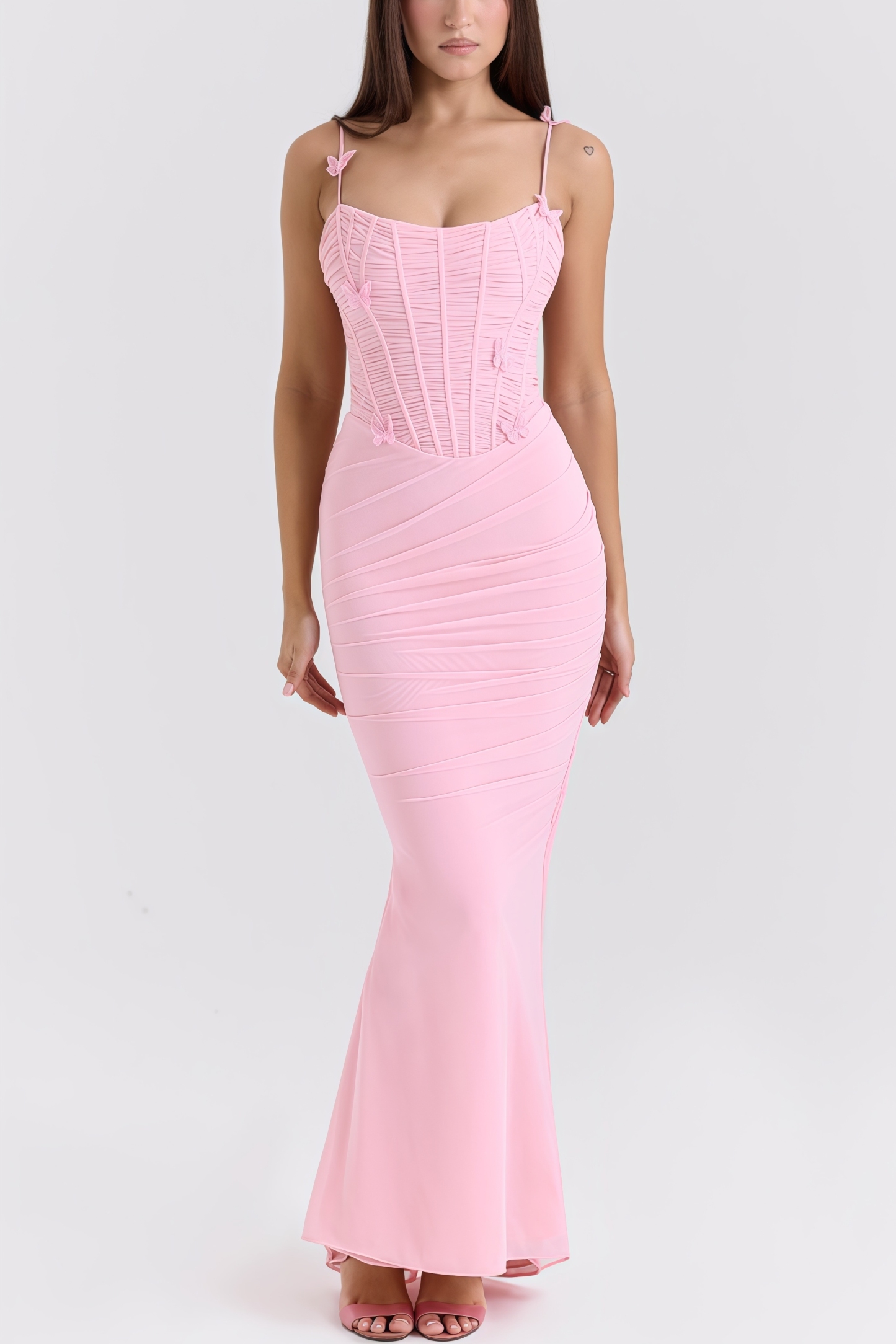 Ursin Pink Stretch Mesh Butterfly Maxi Dress