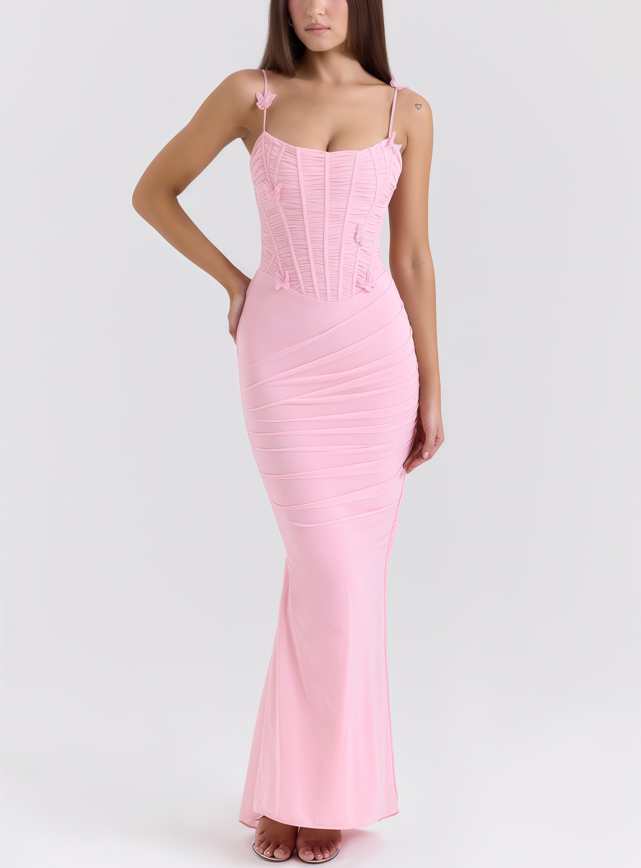 Ursin Pink Stretch Mesh Butterfly Maxi Dress