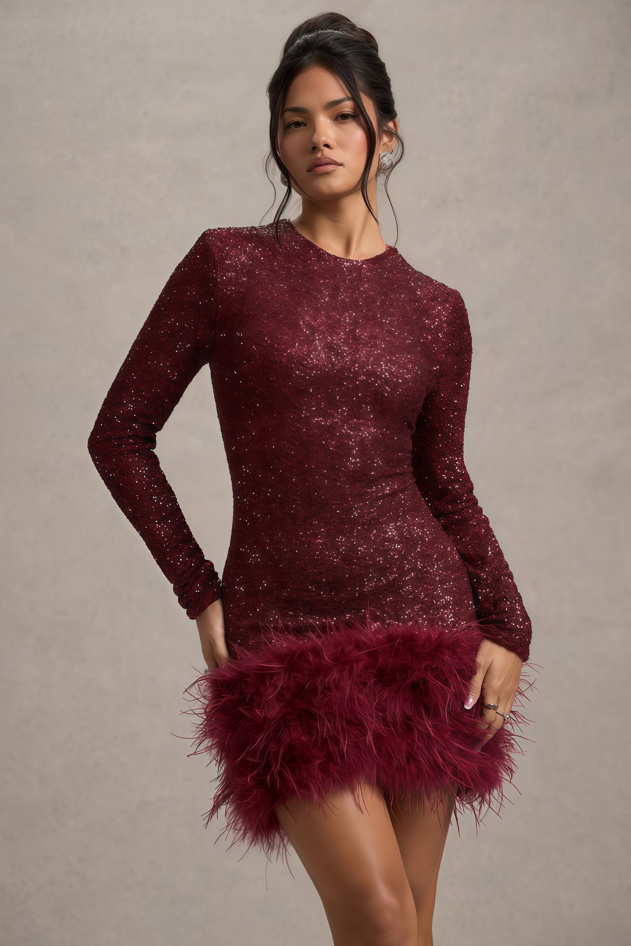 Kuka Red Sequin Feather Mini Dress