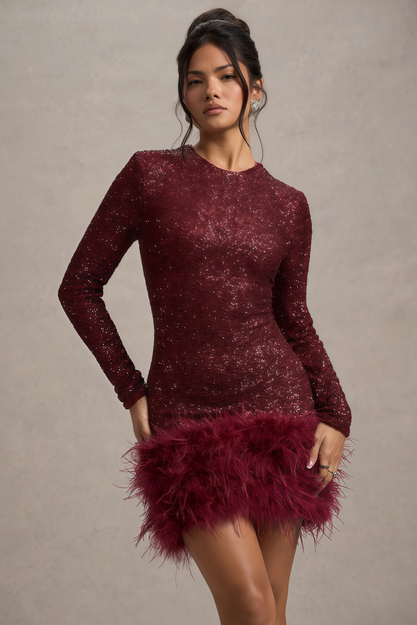 Kuka Red Sequin Feather Mini Dress