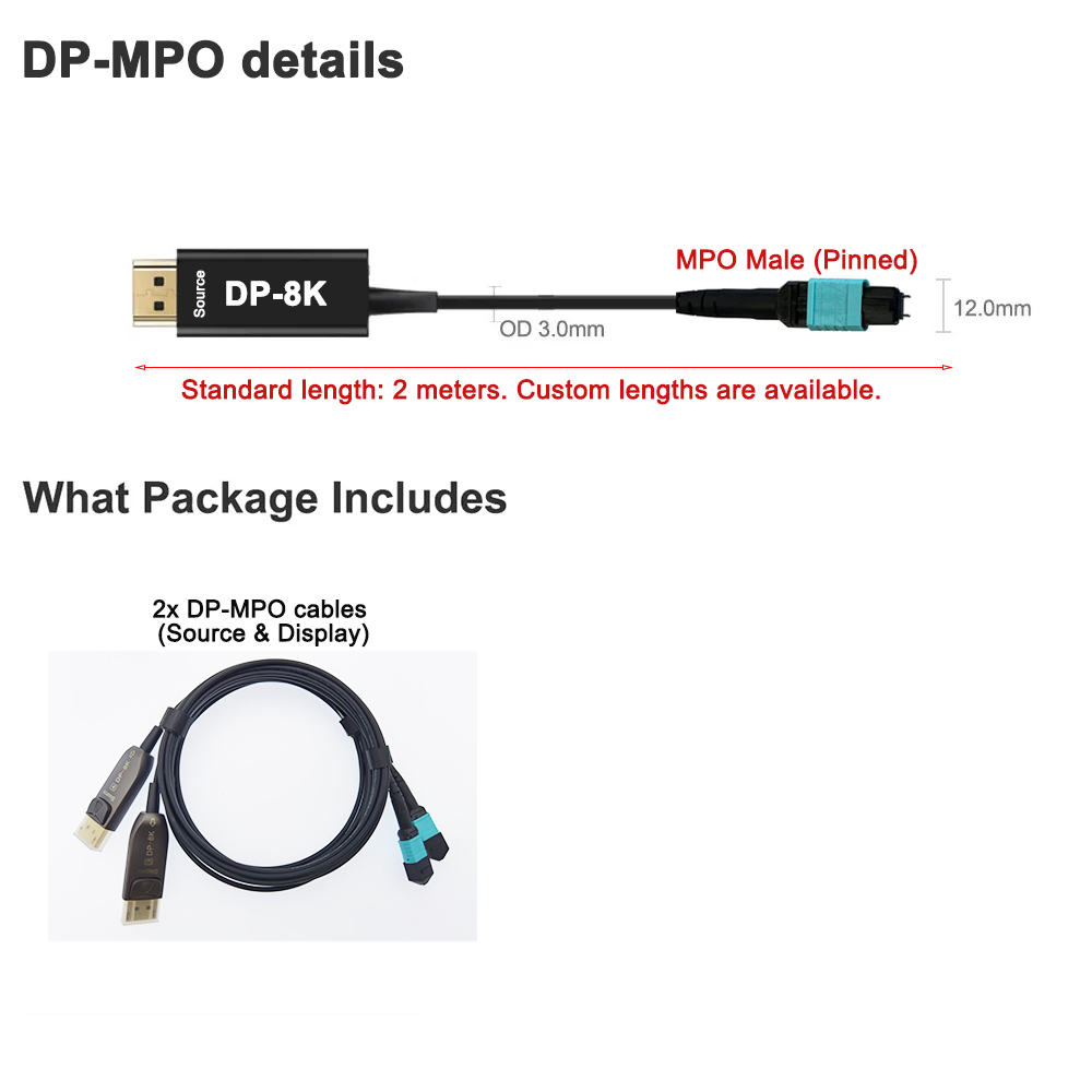Removable 8K Displayport 1.4 MPO Fiber Optic Extender (Source & Display)