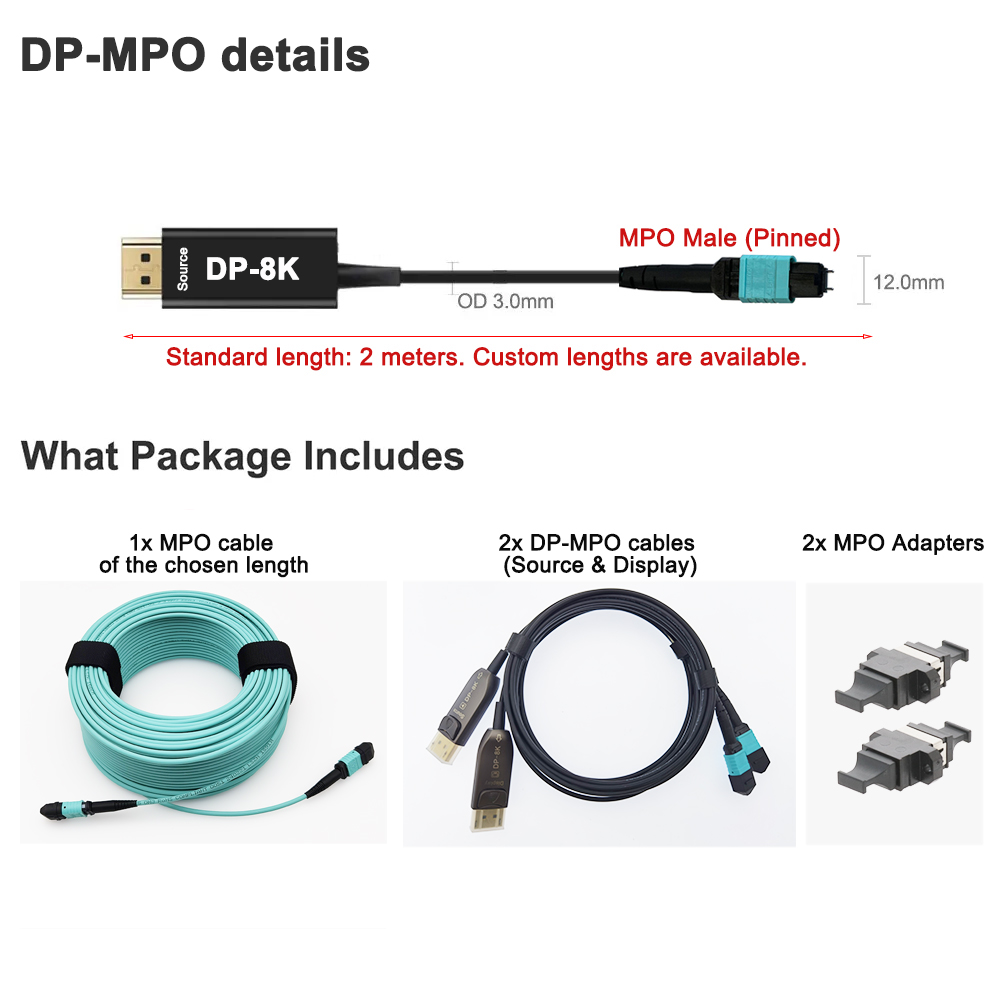 8K DisplayPort 1.4 over Pure Fiber MPO OM3 Fiber Optical Cable up to 1000ft