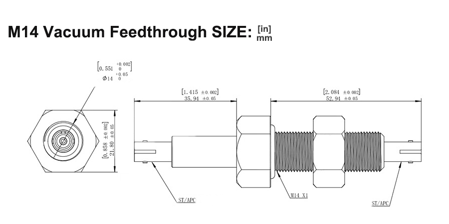 M14 vacuum feedthrough ST Fiber Optical Connector