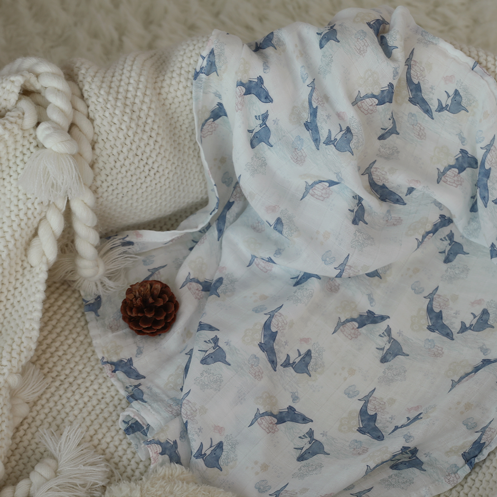 Muslin Swaddle Blankets 6-Pack, 27 X 27" - Dolphin