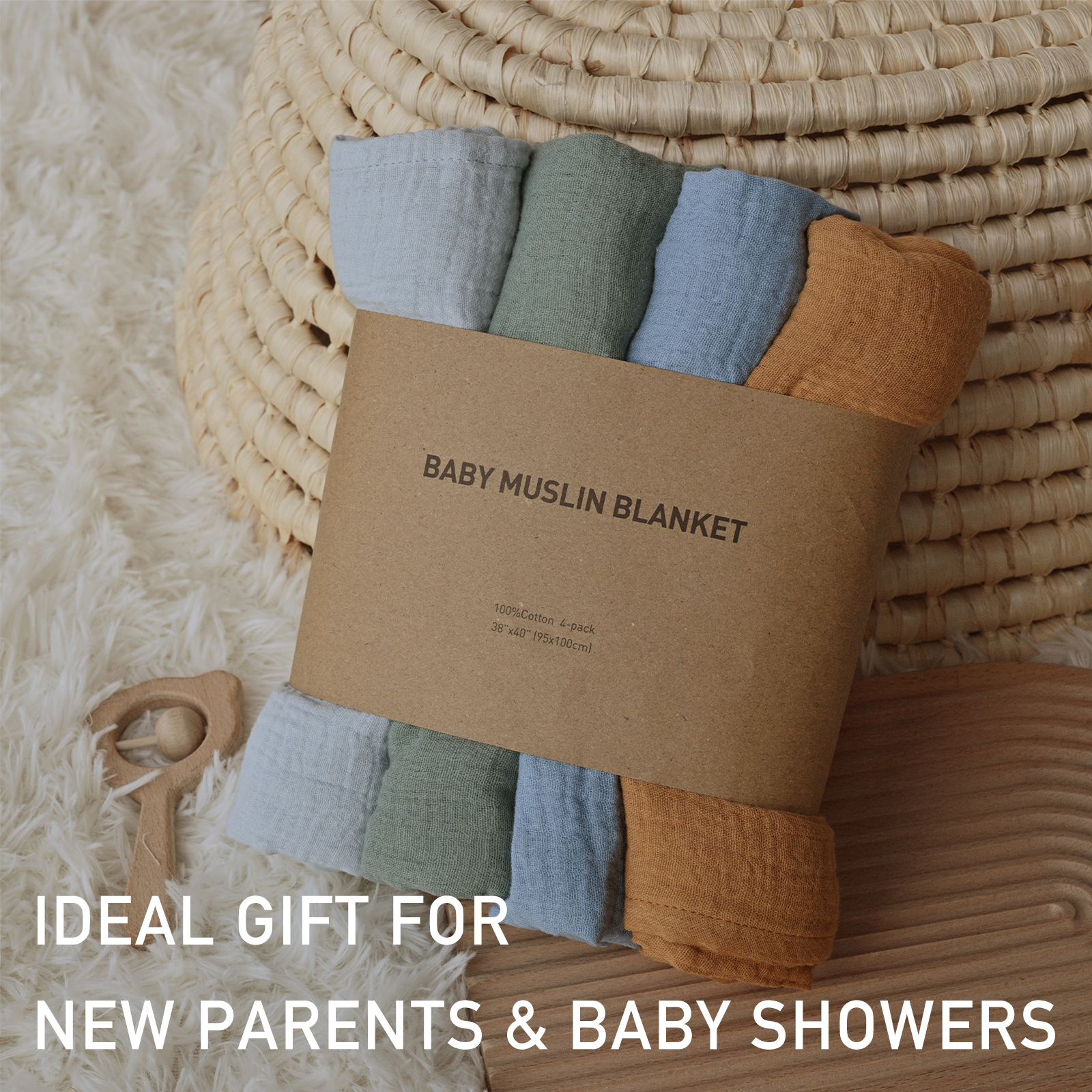 Muslin Swaddle Blankets 4-Pack, 38"x40" - Natural