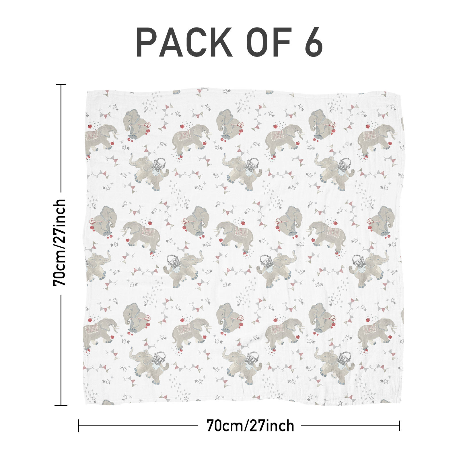 Muslin Swaddle Blankets 6-Pack, 27 X 27" - Baby Elephant
