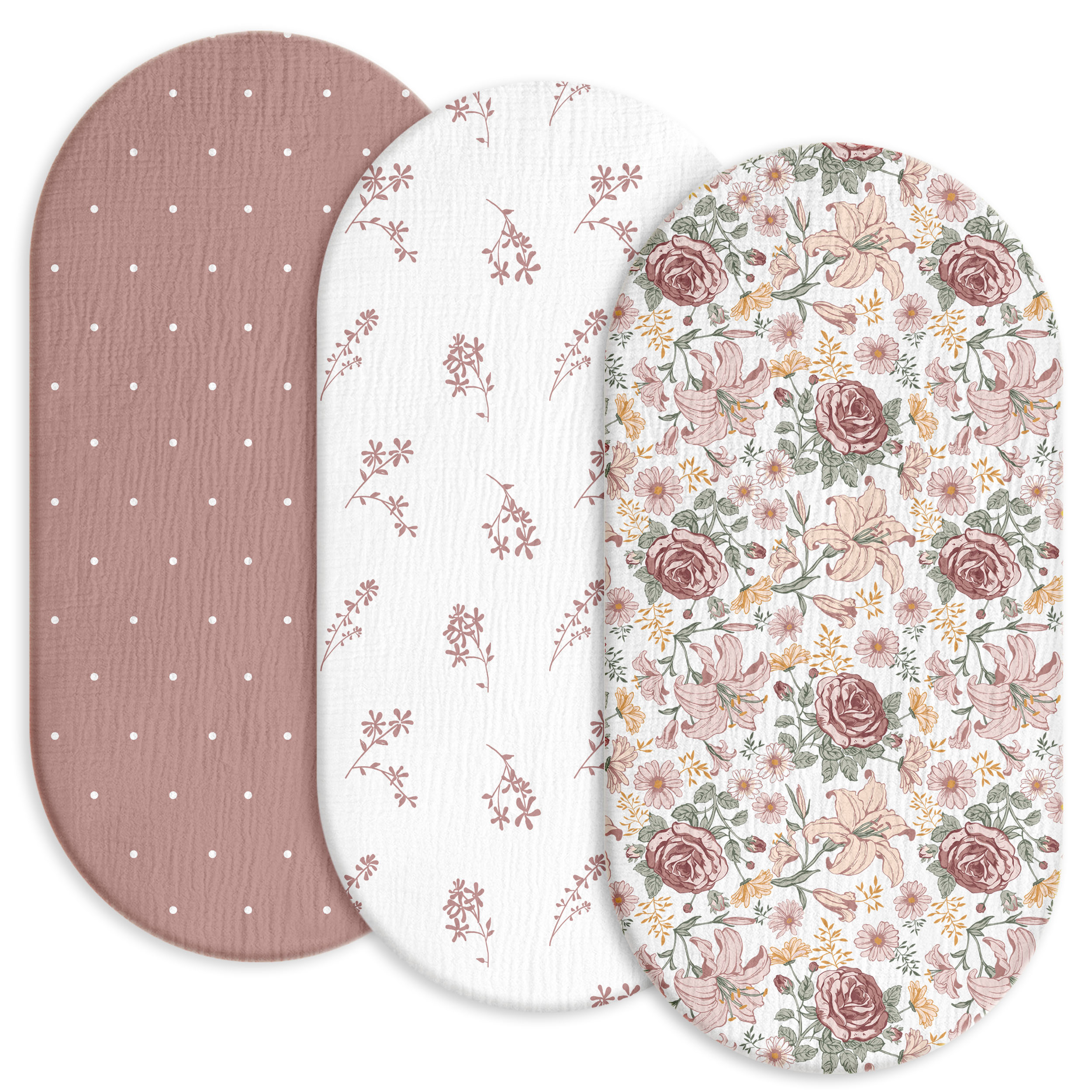 Vintage Petal Serenade | Muslin Bassinet Sheets 3-Pack | 33''*17''