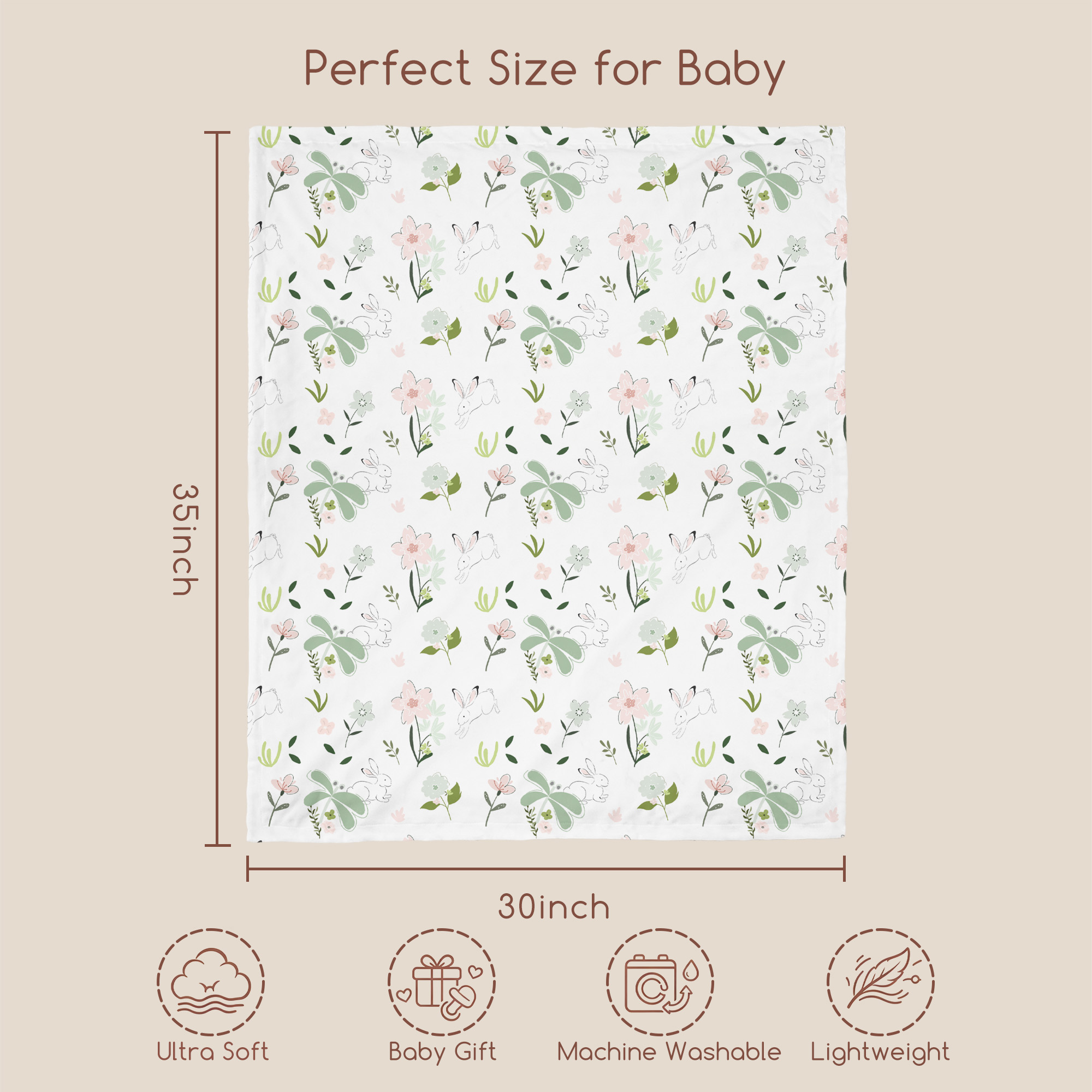 Sage Bunny Bloom | plush baby blanket | 30''*36''