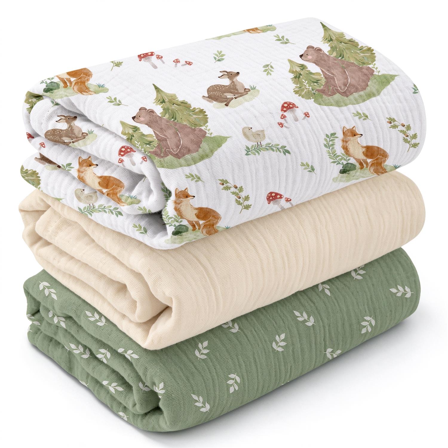 Muslin Swaddle Blankets 3-Pack | 38"x40" | Fern & Woodland Pals