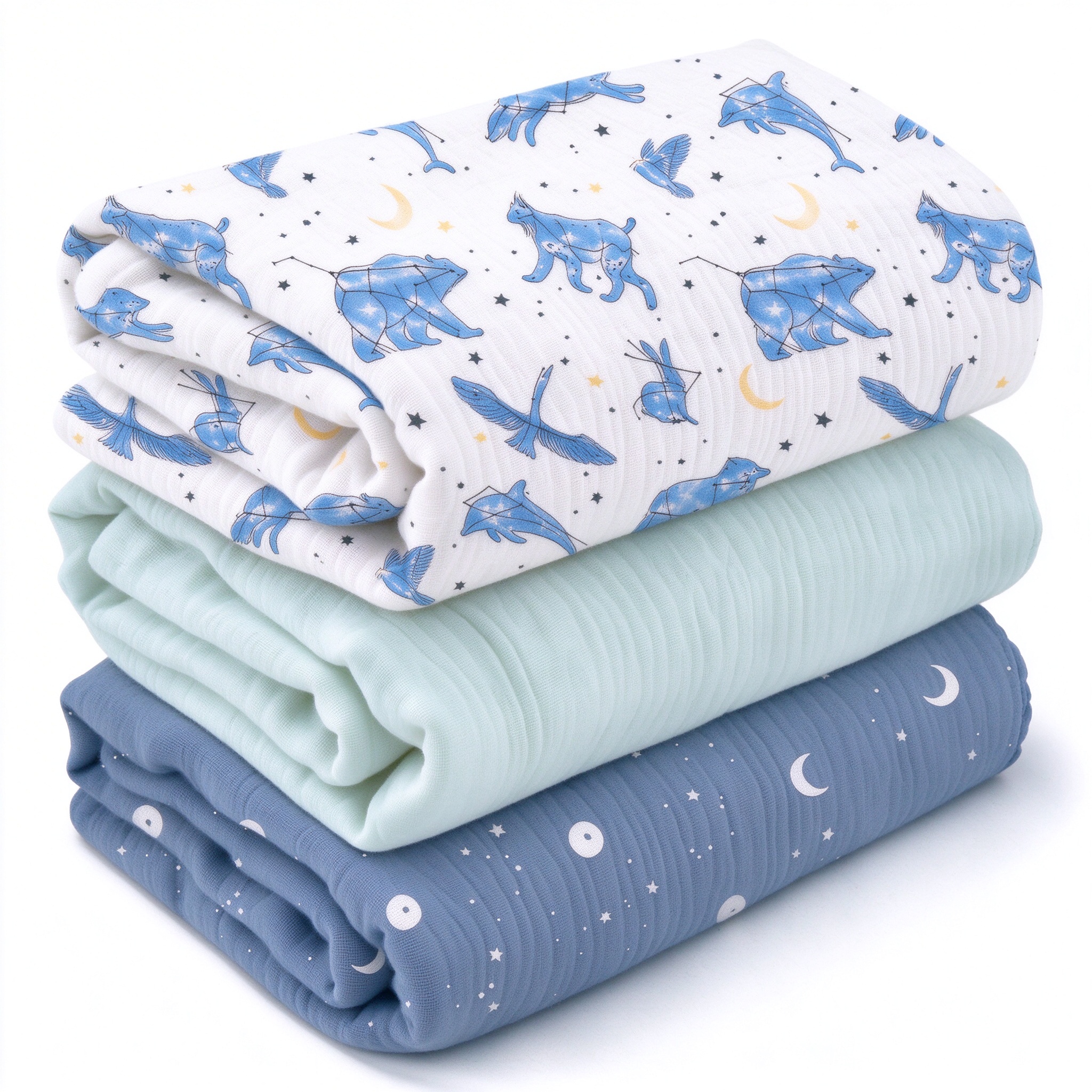 Muslin Swaddle Blankets 3-Pack | 38"x40" | Blue Star & Bear