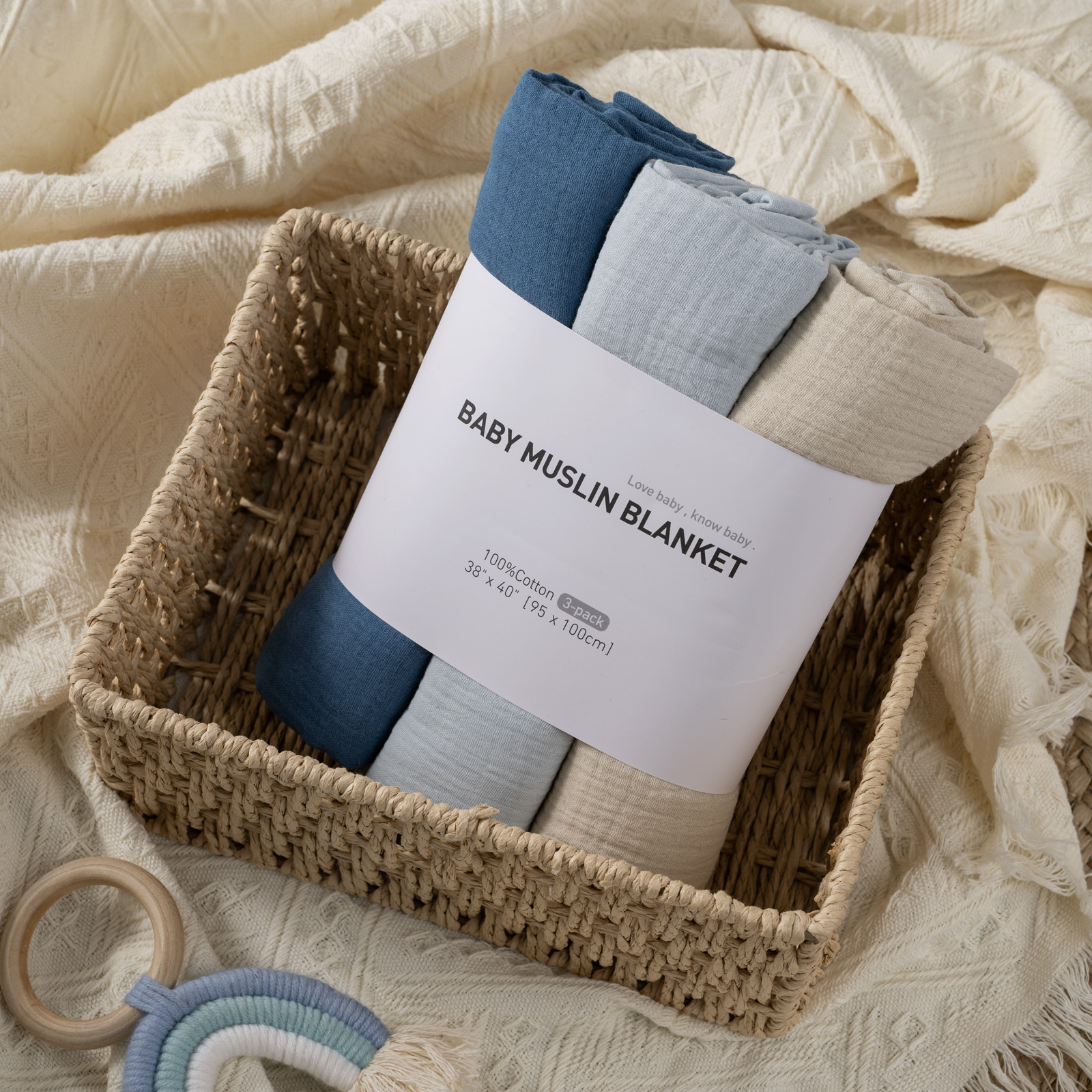 Muslin Swaddle Blankets 3-Pack, 38"x40" - Ocean 