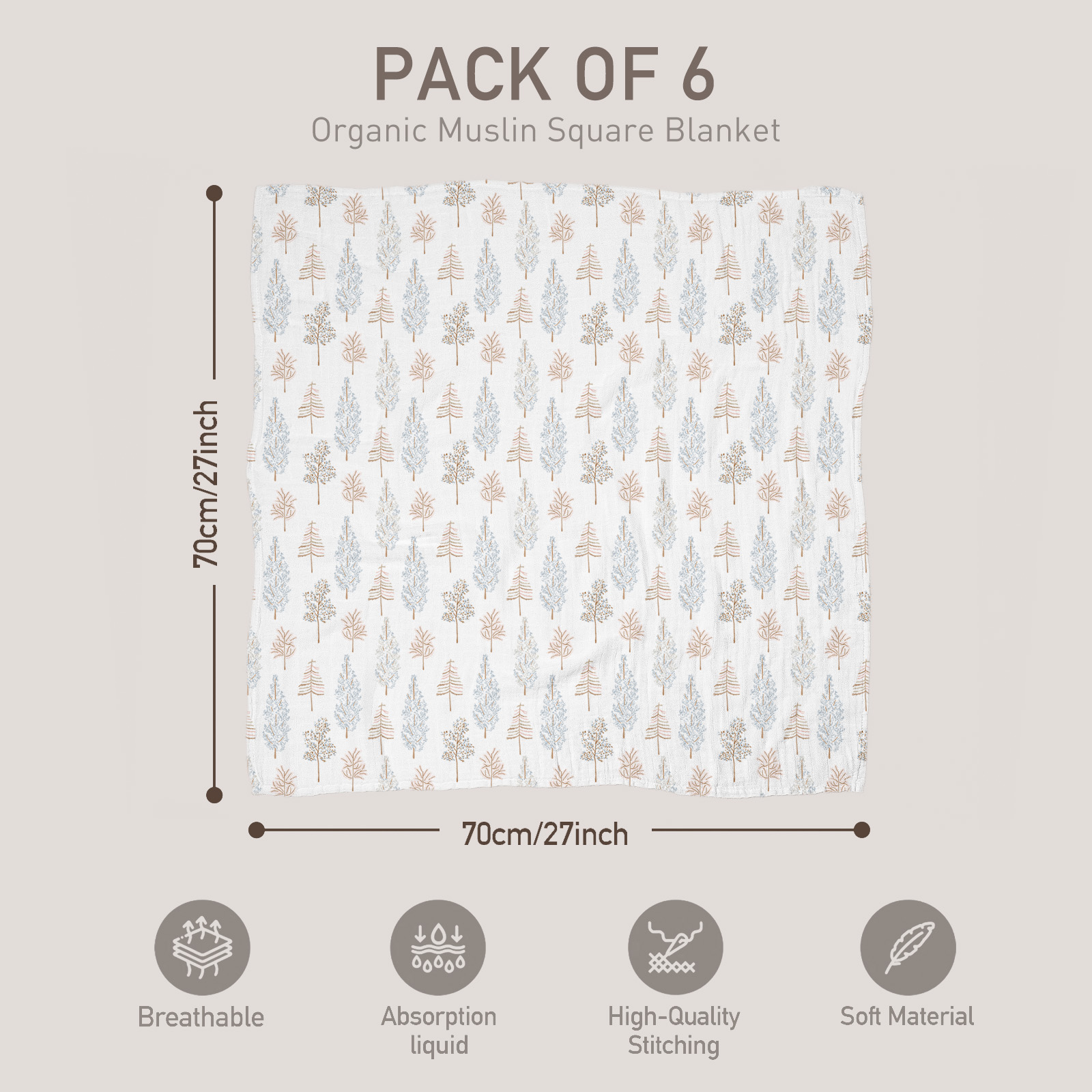 Muslin Swaddle Blankets 6-Pack, 28 X 28" - Christmas Forest