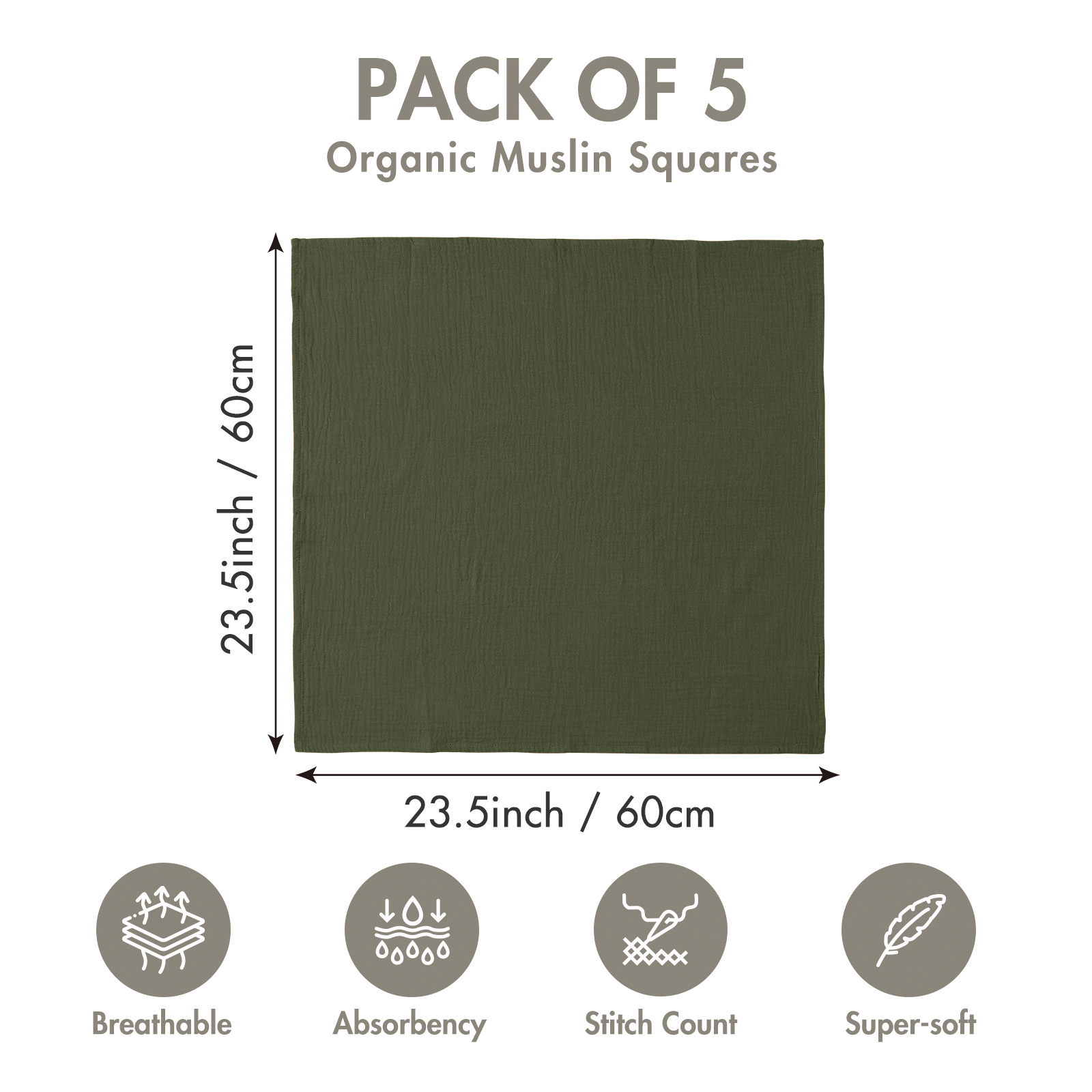 Muslin Swaddle Blankets 5-Pack, 23.5"x23.5" - Eucalyptus 