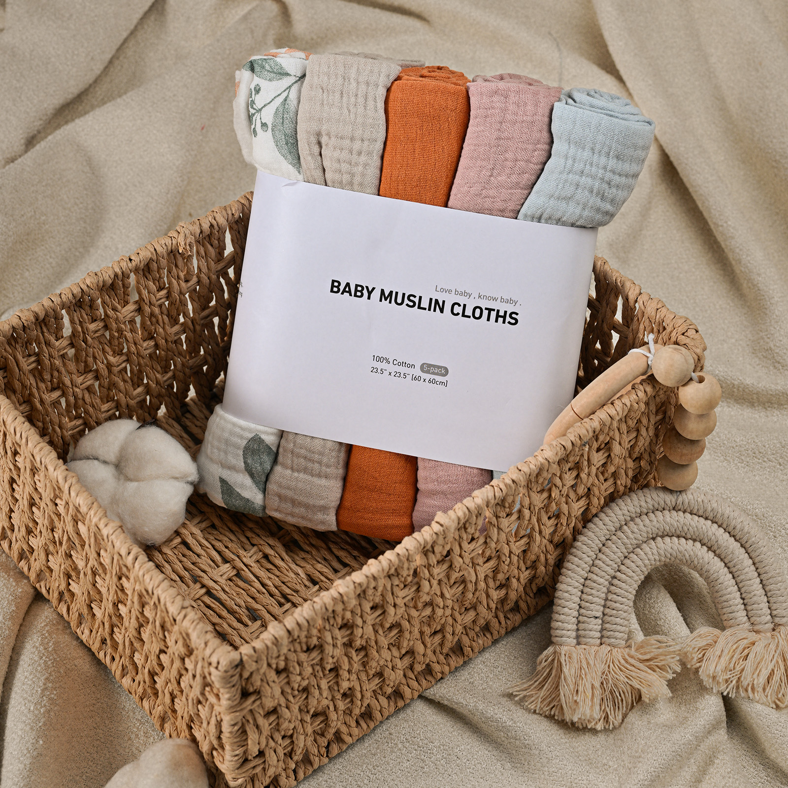 Muslin Swaddle Blankets 5-Pack, 23.5"x23.5" - Bicolour Leaf 