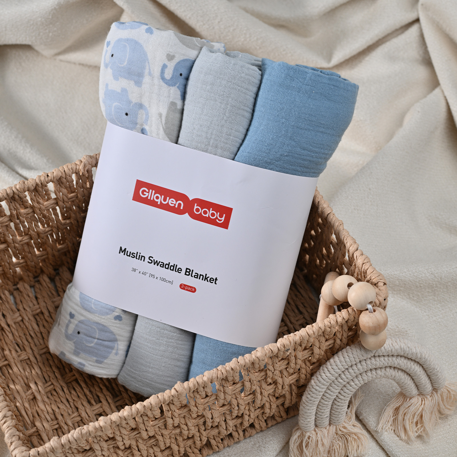 Muslin Swaddle Blankets 3-Pack, 38"x40" - Elephant