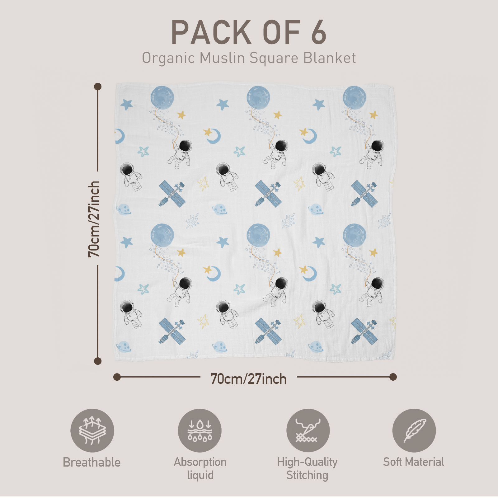Muslin Swaddle Blankets 6-Pack, 27 X 27" - Astronaut