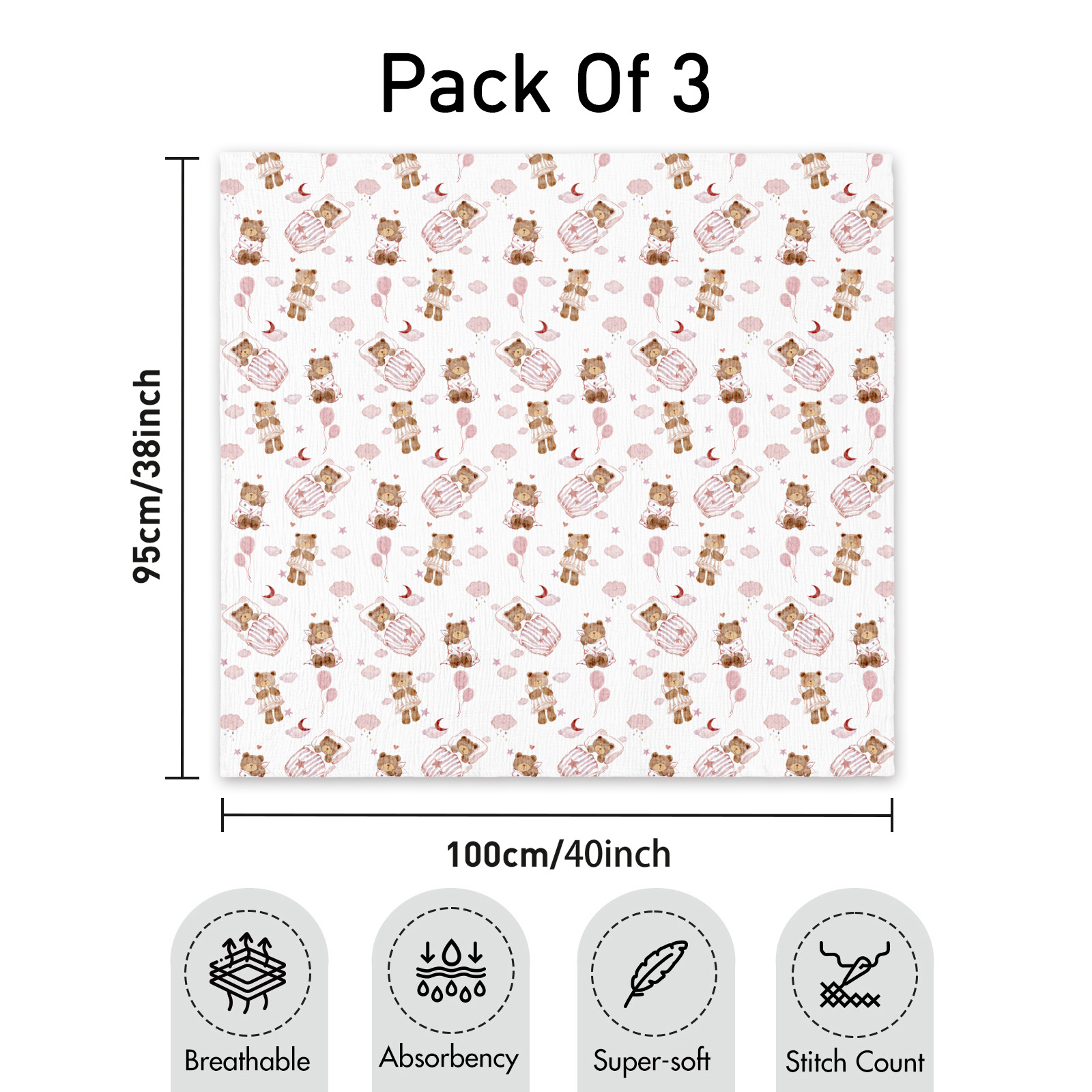 Muslin Swaddle Blankets 3-Pack | 38"x40" | Goodnight, Little Bear