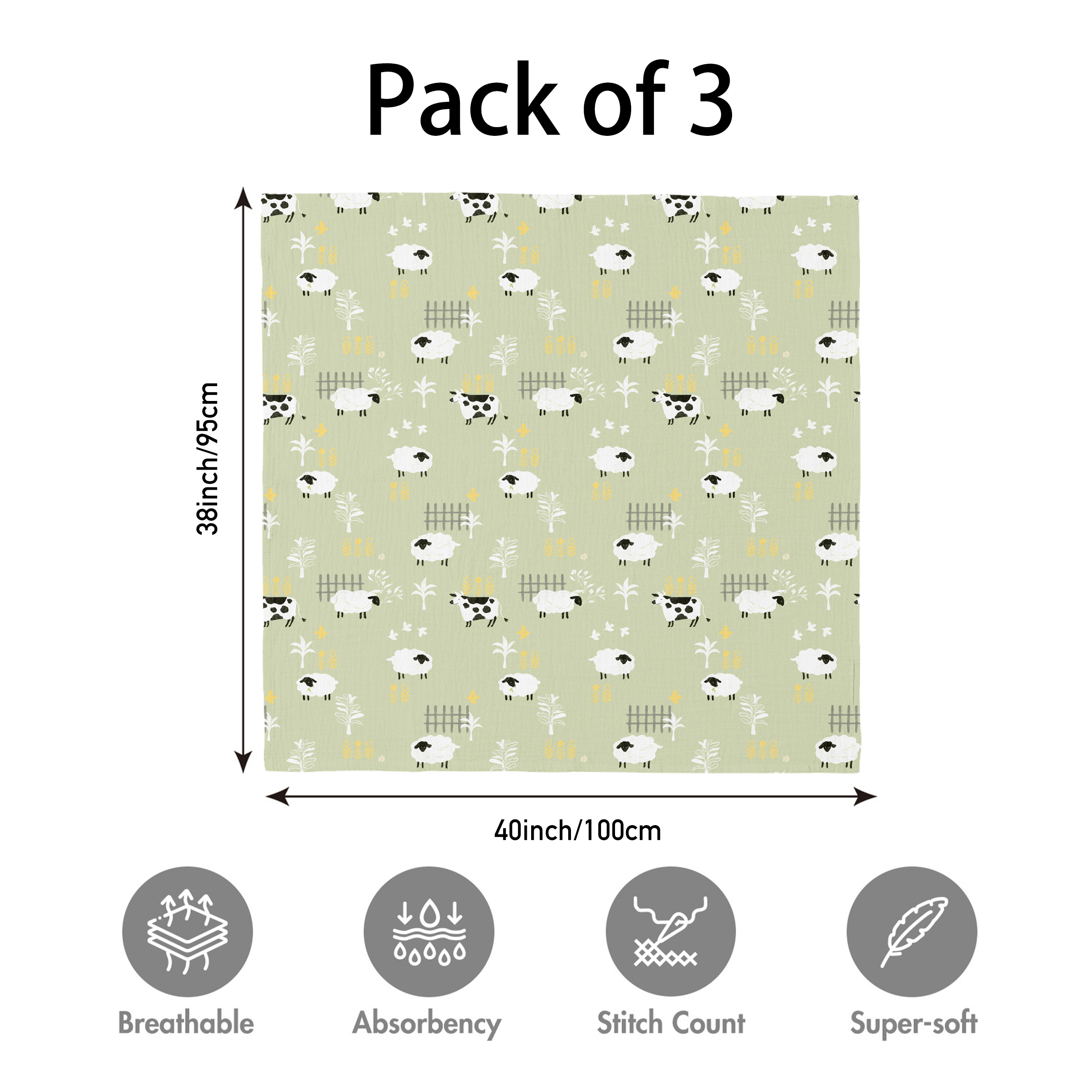 Muslin Swaddle Blankets 3-Pack | 38"x40" | Grass Pastures