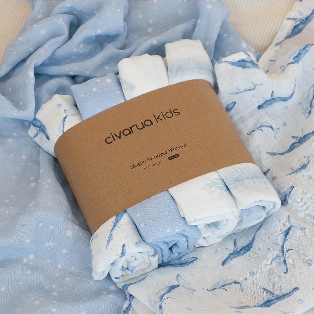 Muslin Swaddle Blankets 4-Pack | 31.5x43.3" | Blue Whale Whisper