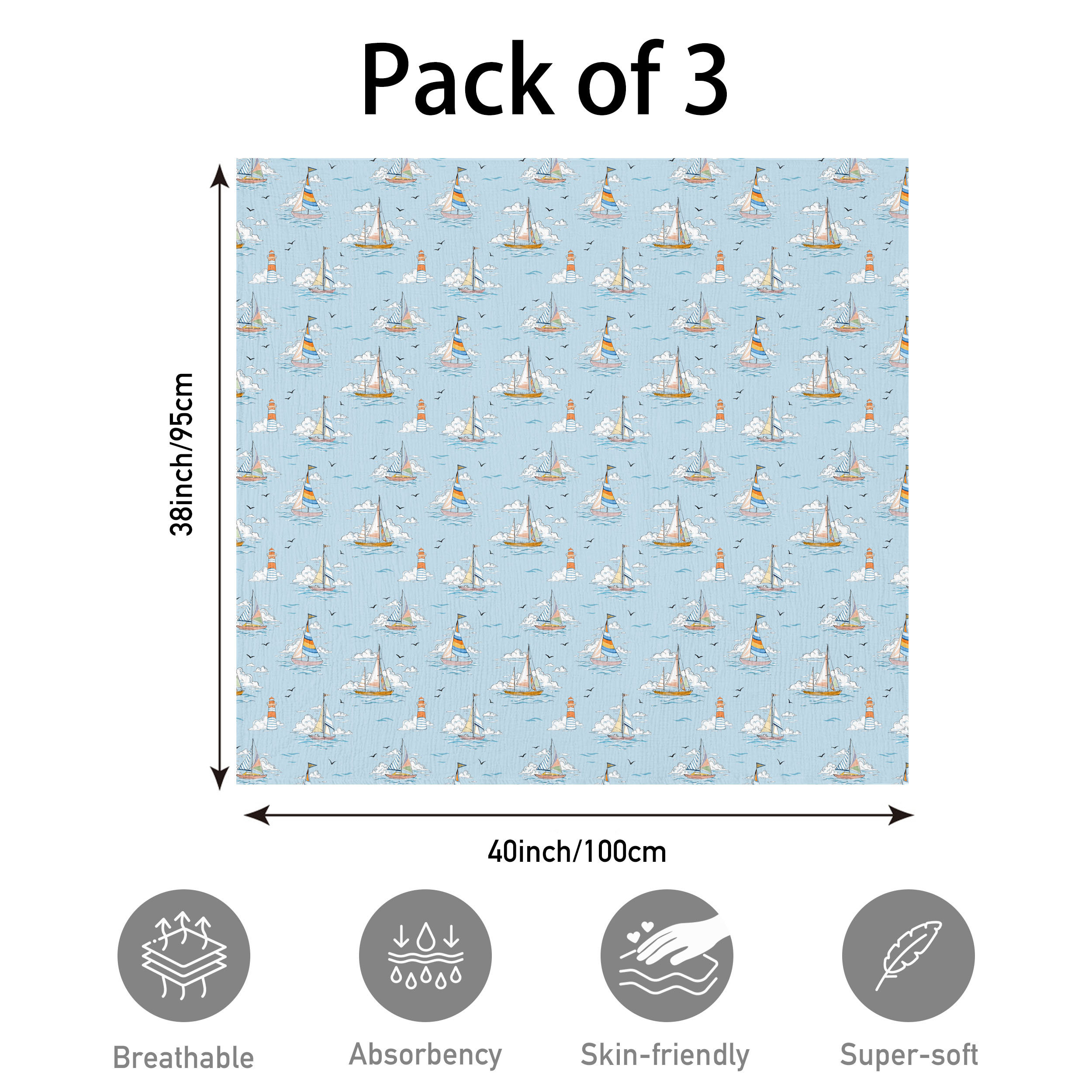 Muslin Swaddle Blankets 3-Pack | 38"x40" | Little Navigator’s Log