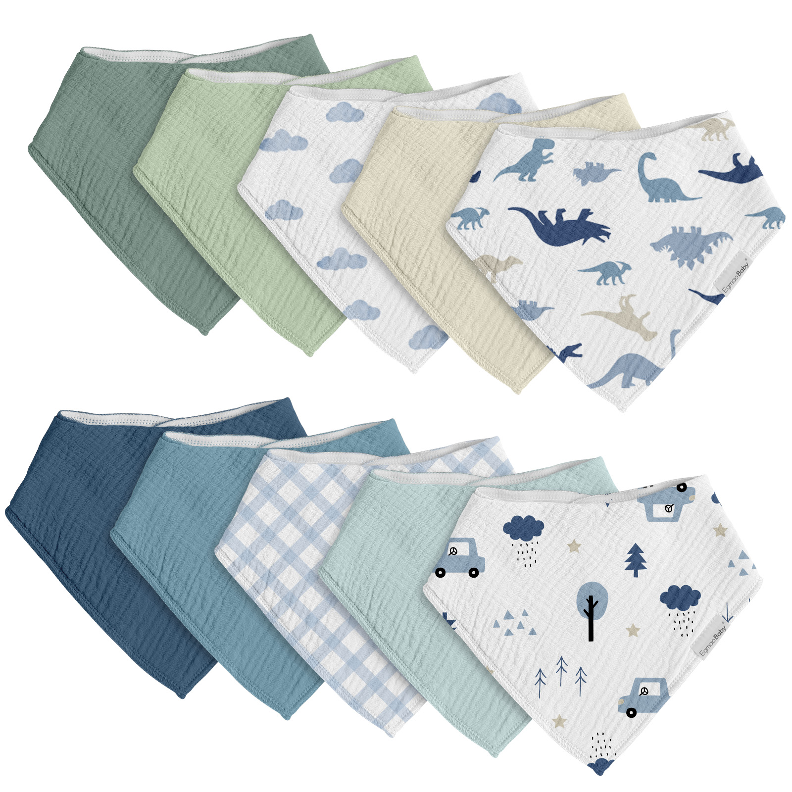 Blue Ride to the Jurassic | Soft & Absorbent Muslin Bandana Bibs 10 Pack