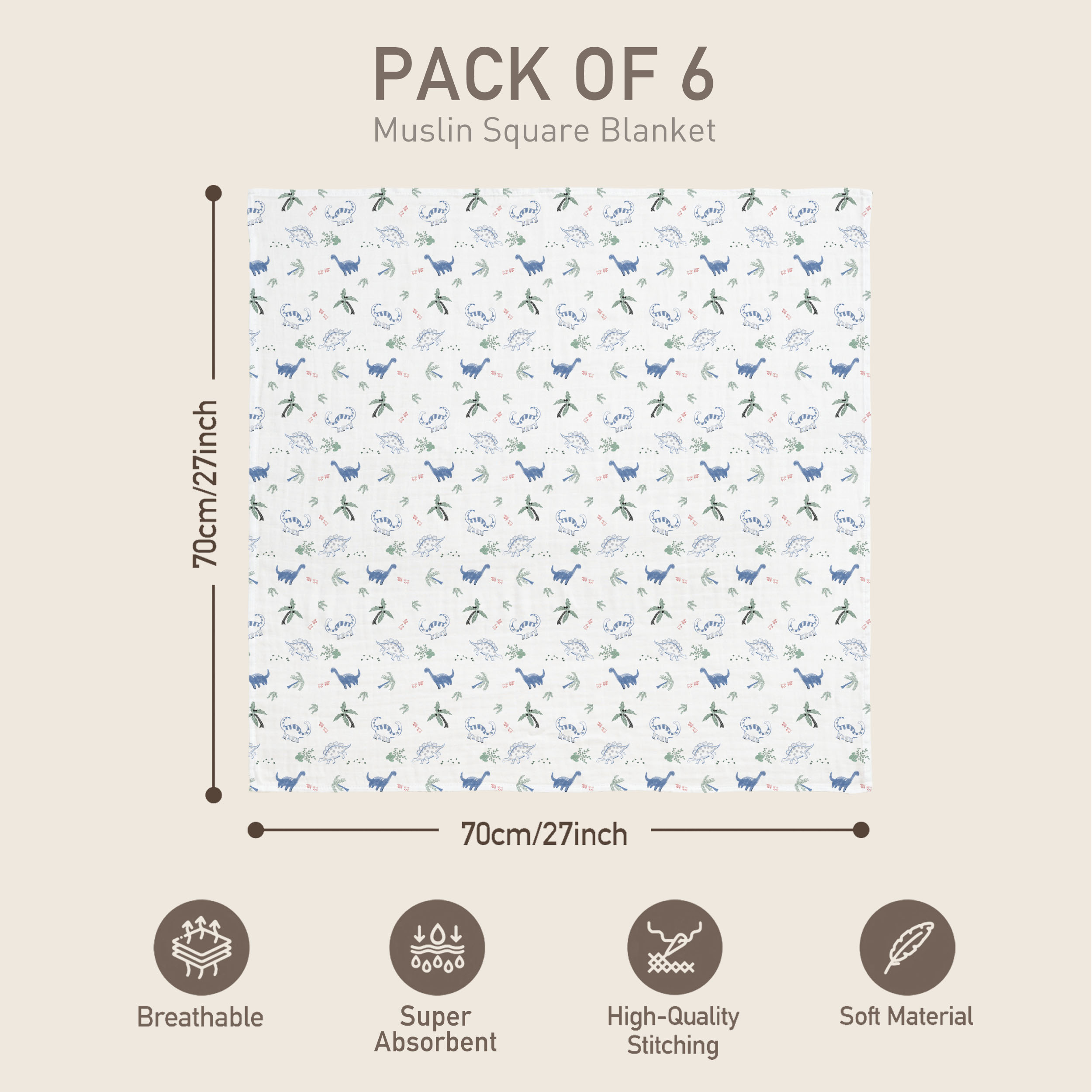 Muslin Swaddle Blankets 6-Pack | 27x27" | Little Dino's Blue Forest