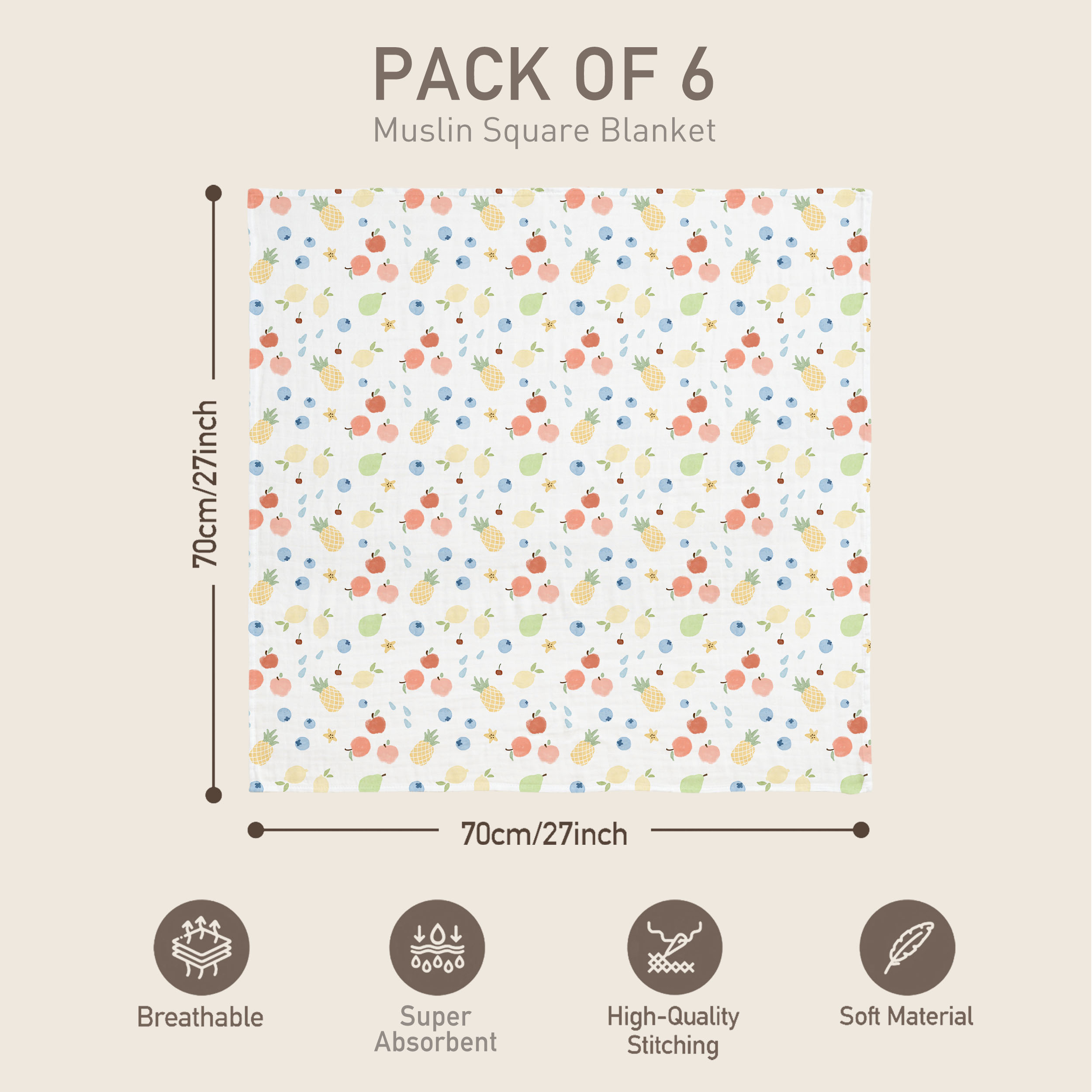 Muslin Swaddle Blankets 6-Pack | 27x27" | Azure Berry Dream