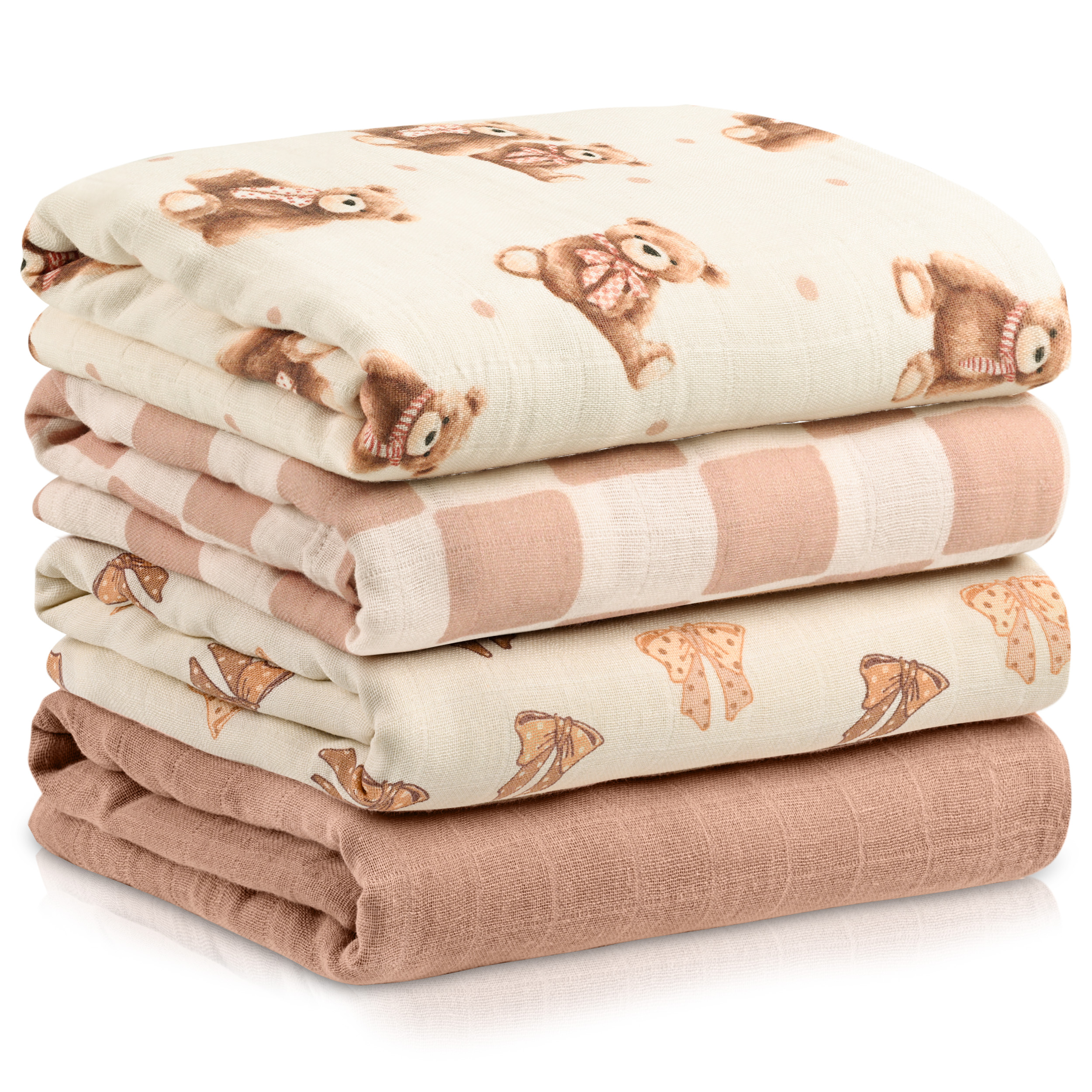 Muslin Swaddle Blankets 4-Pack | 31.5x43.3" | Creamy Ribbon Teddy