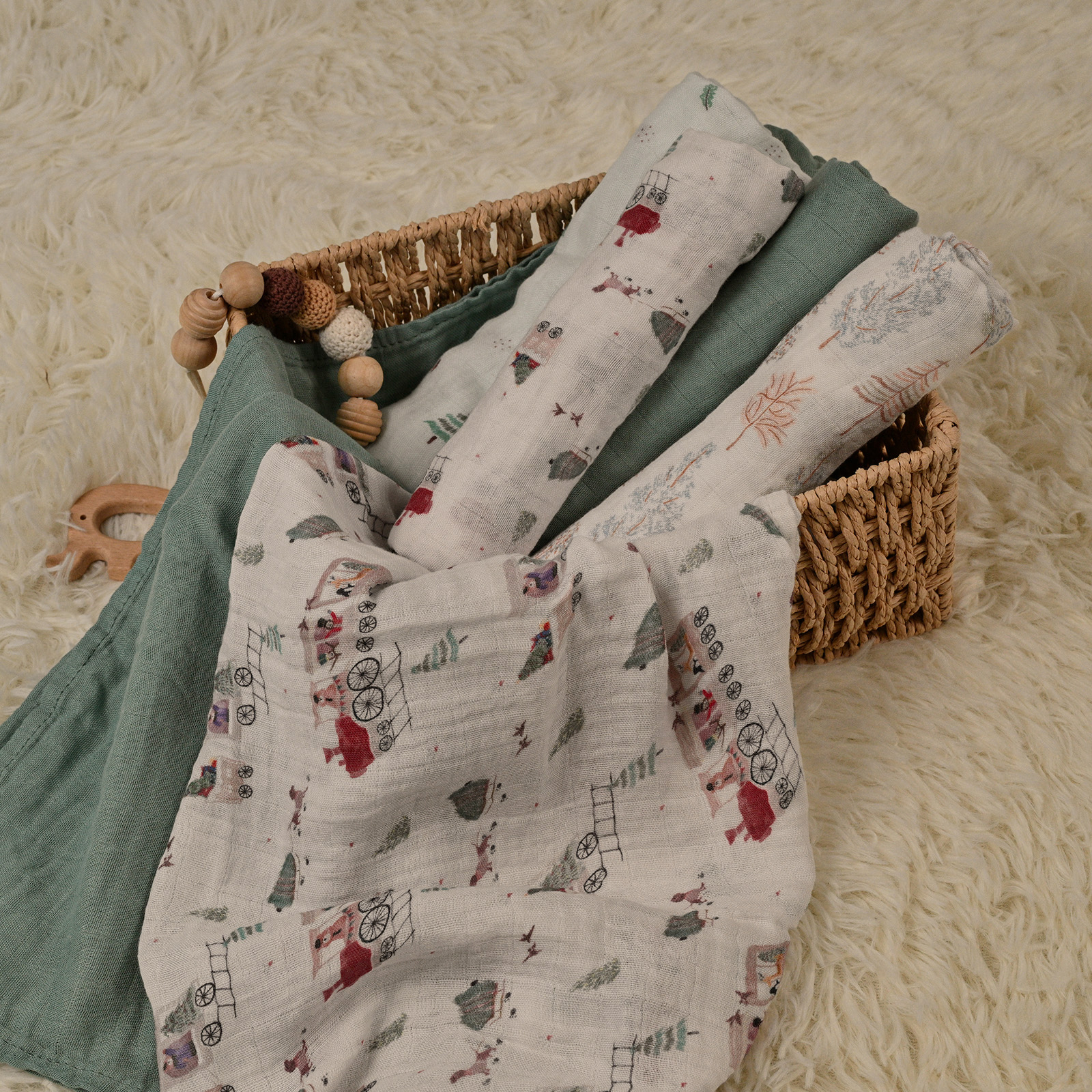 Muslin Swaddle Blankets 6-Pack | 27x27" | Christmas Forest