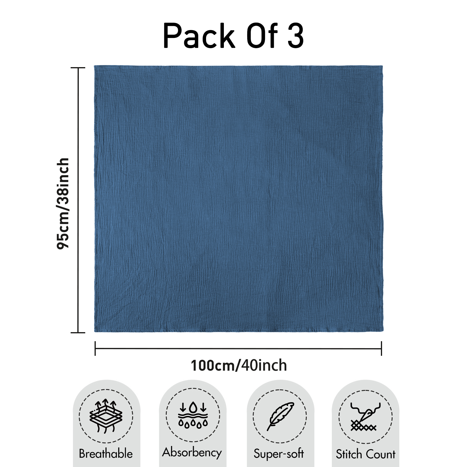 Muslin Swaddle Blankets 3-Pack, 38"x40" - Ocean 