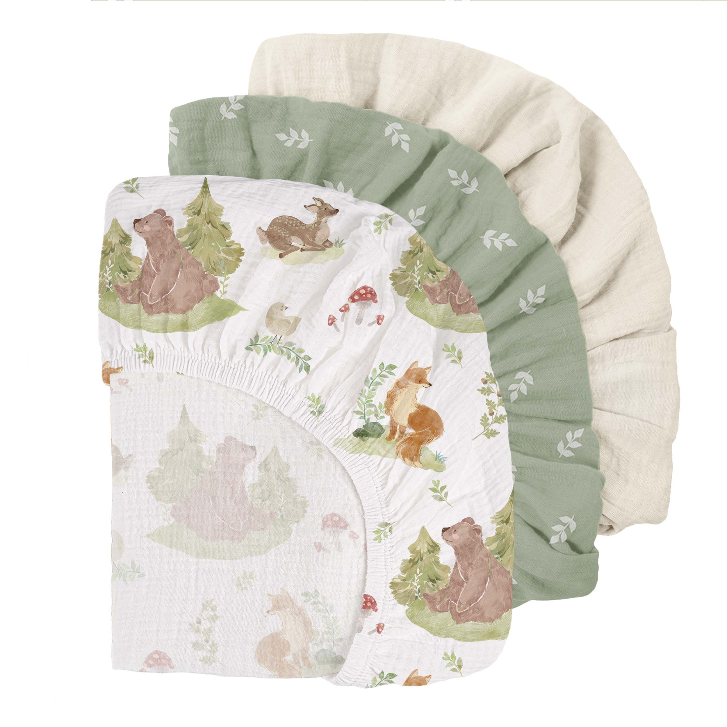 Fern & Woodland Pals | Muslin Bassinet Sheets 3-Pack | 33''*17''