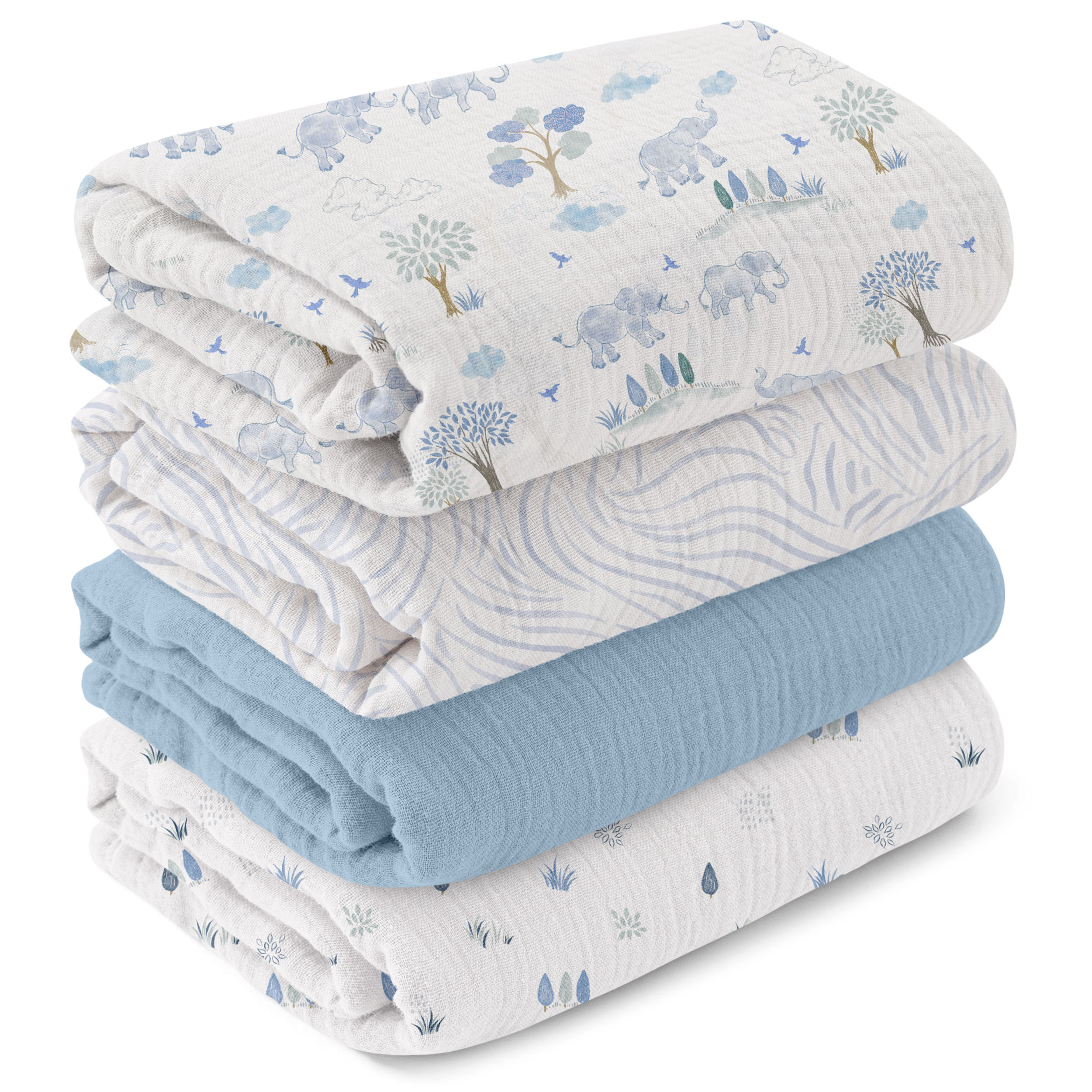 Muslin Swaddle Blankets 4-Pack | 38x40" | Bounce in the Blue